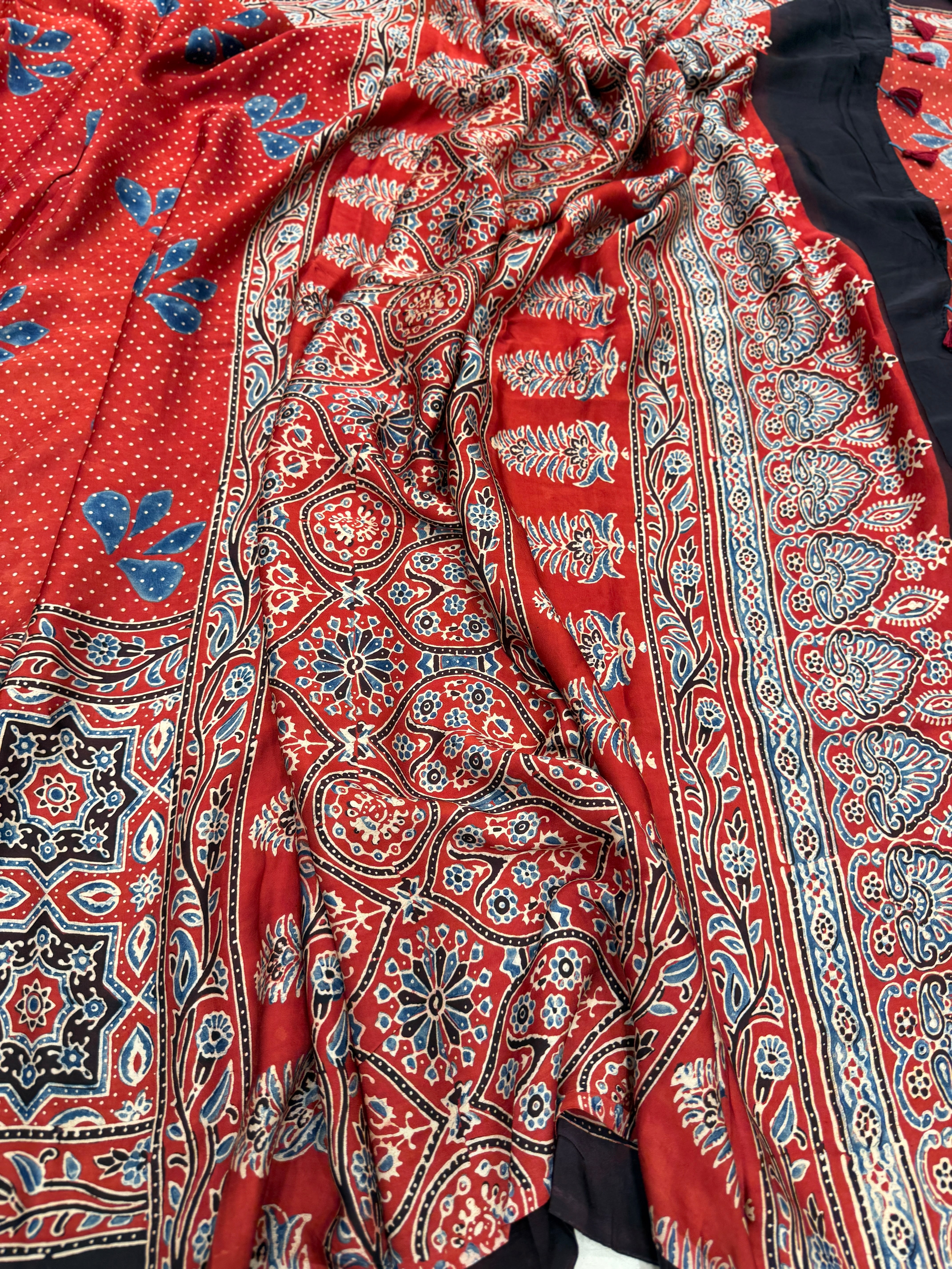 Red Makhi Butti Ajrakh Modal Gajji Silk Saree