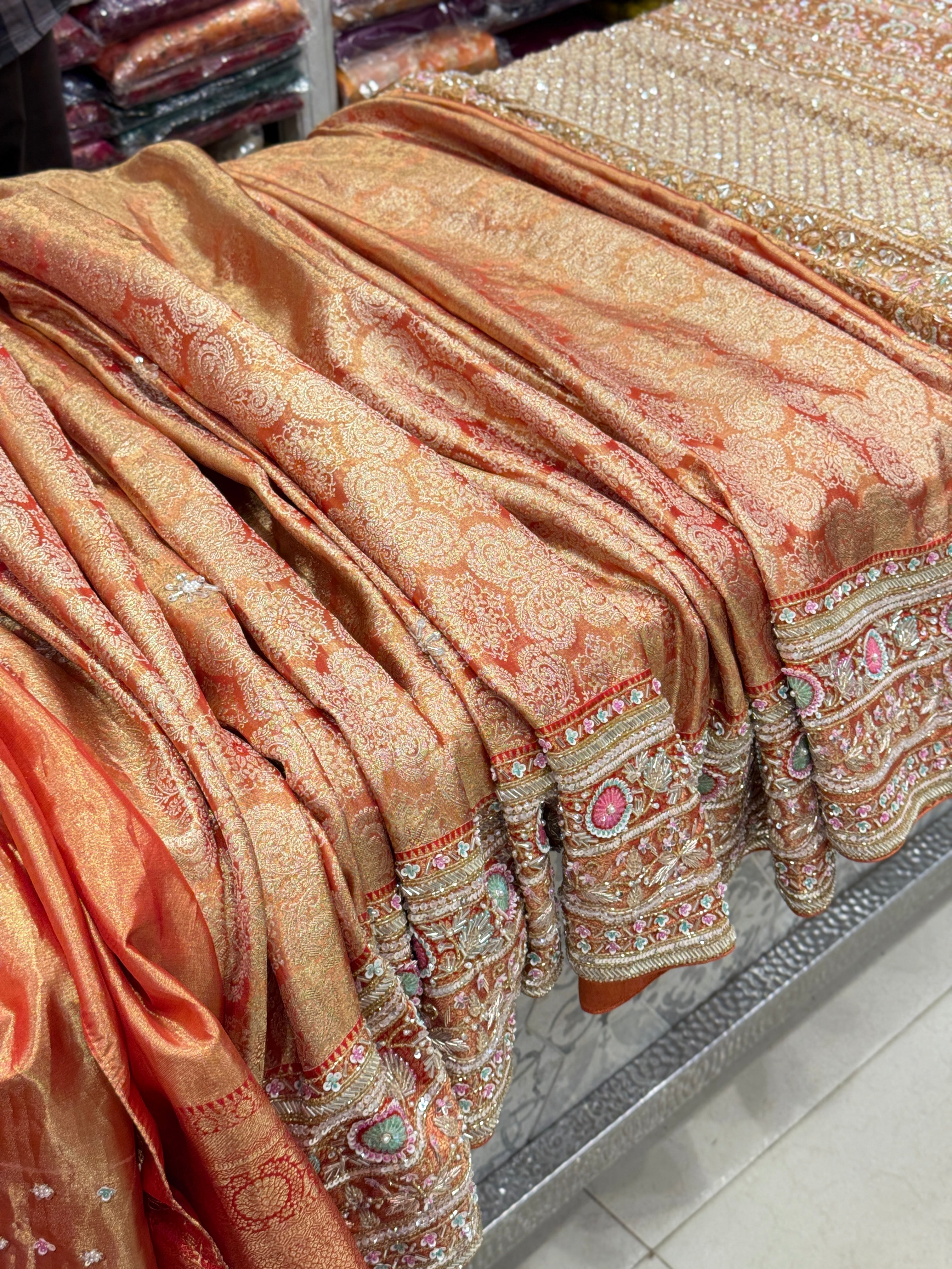 Red Gold Tissue Kanjivaram Hand Embroidery Saree