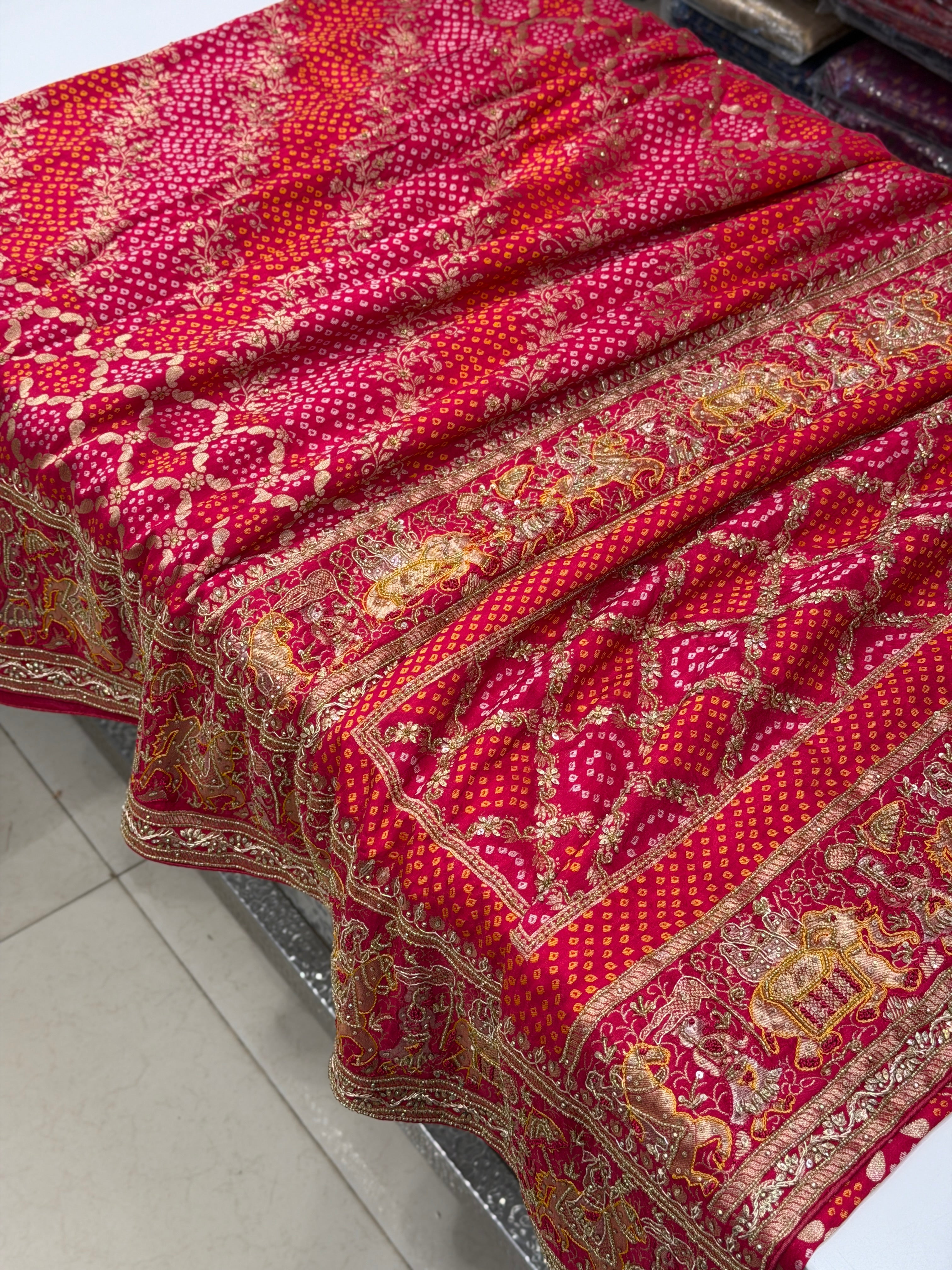 Rani Woven Bandhej Doli Edit Zardosi Hand Embroidery Banarasi Munga Saree