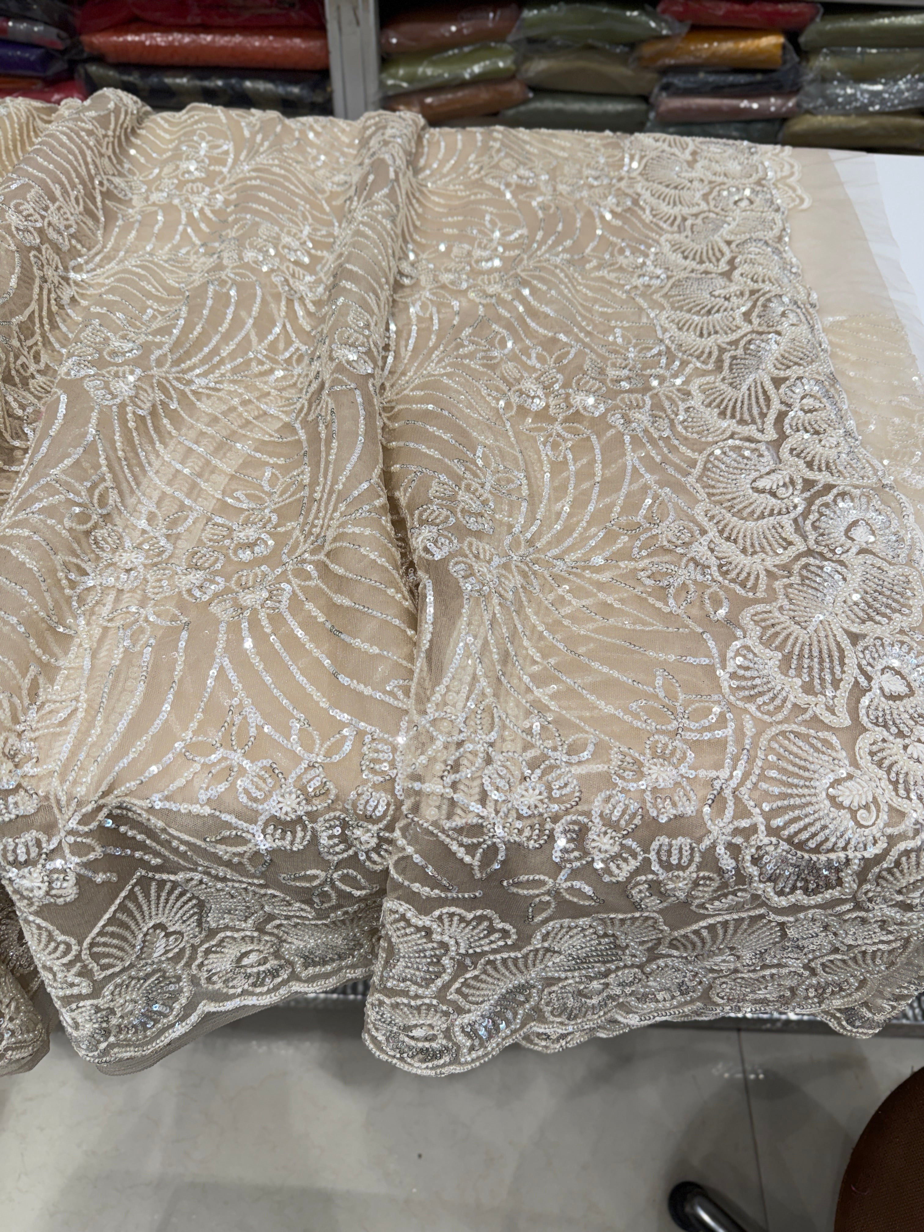 Golden Net Resham Moti Embroidery Soft Saree