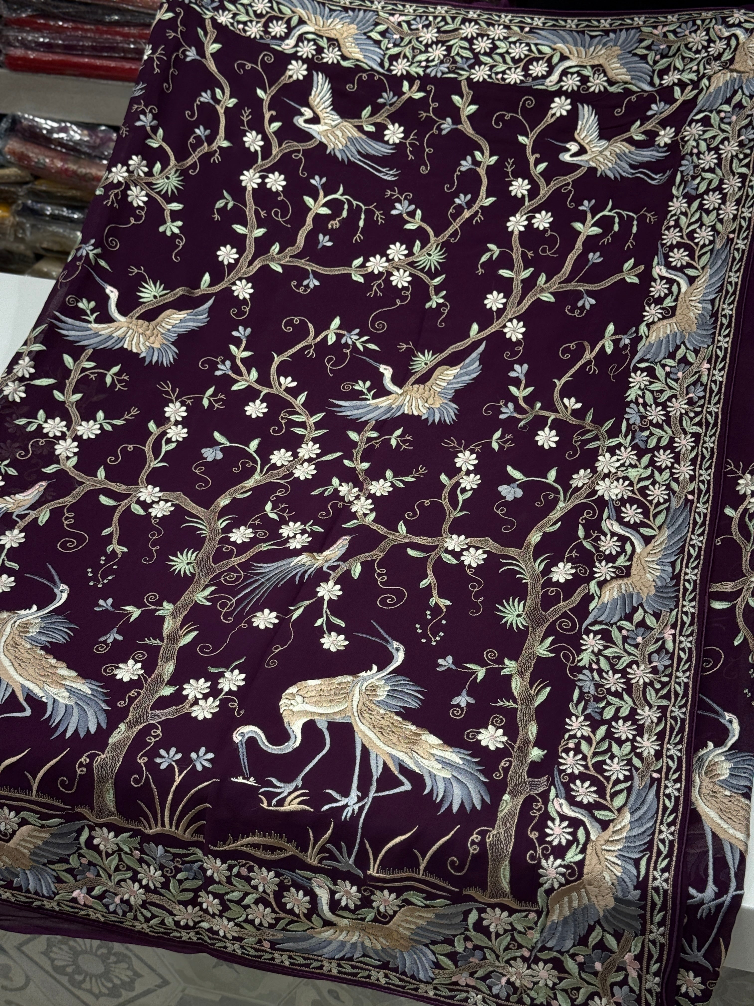 Wine Tree Of Life Flamingo Parsi Gara Saree