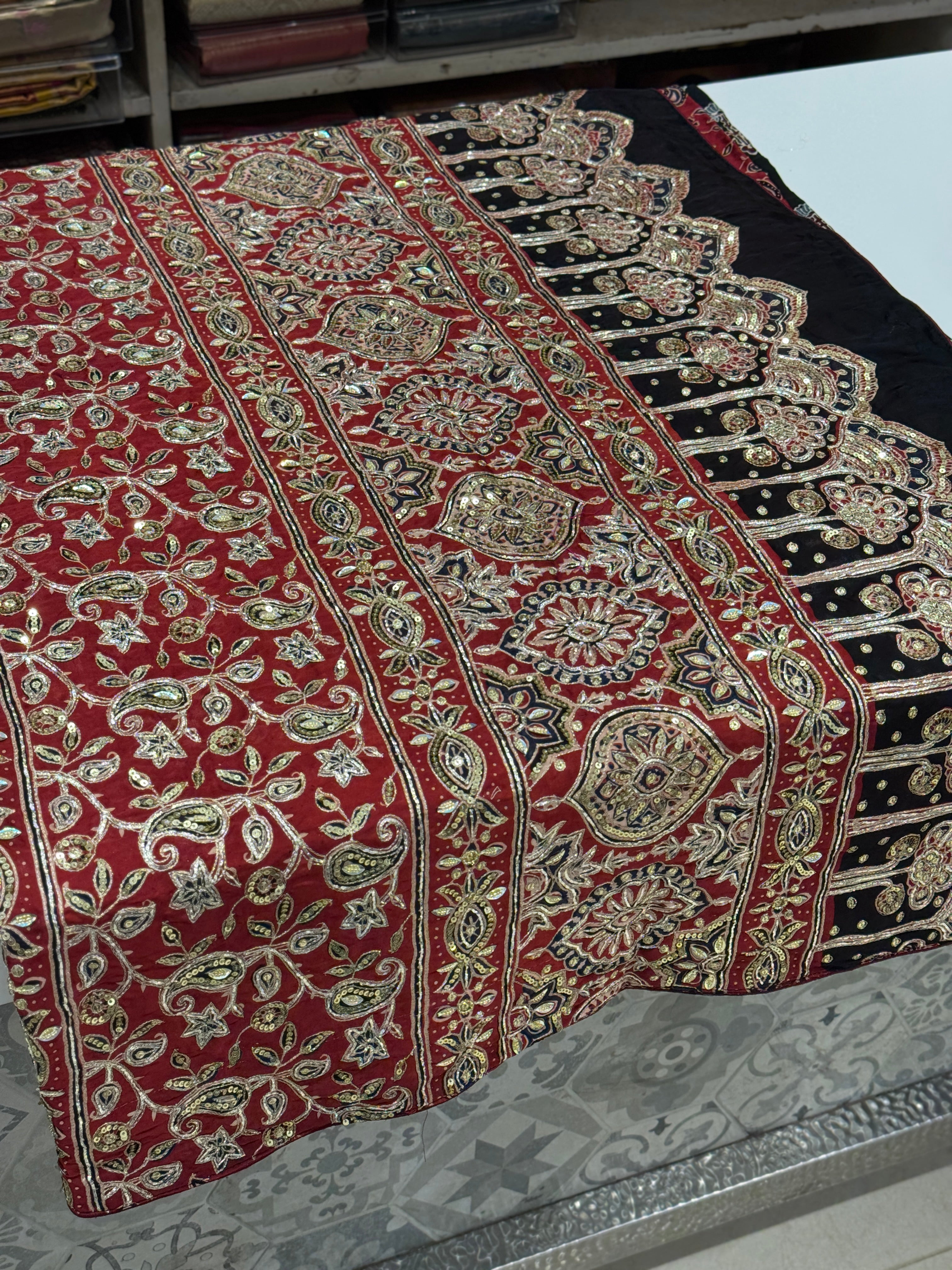 Black Floral Buttas Ajrakh Hand Embroidery Saree