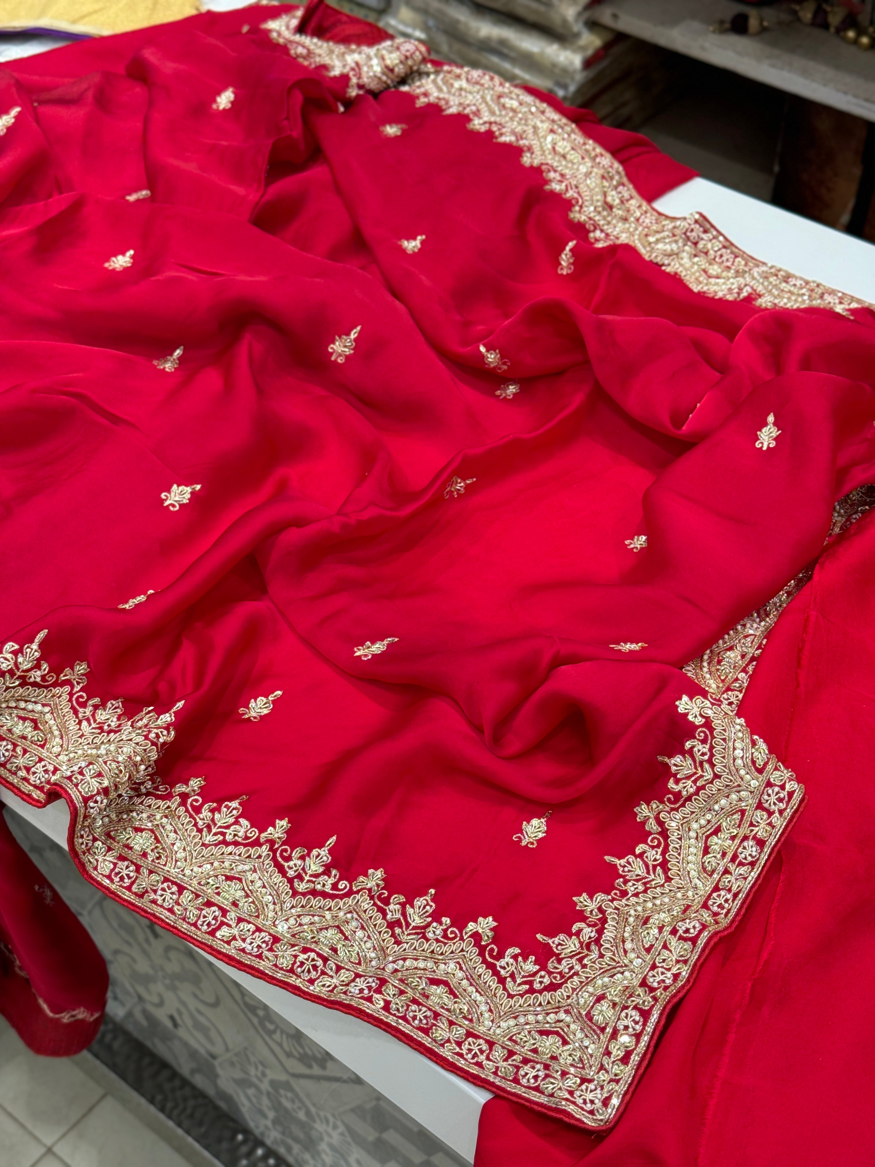 Red Satin Silk Zardosi Border Saree