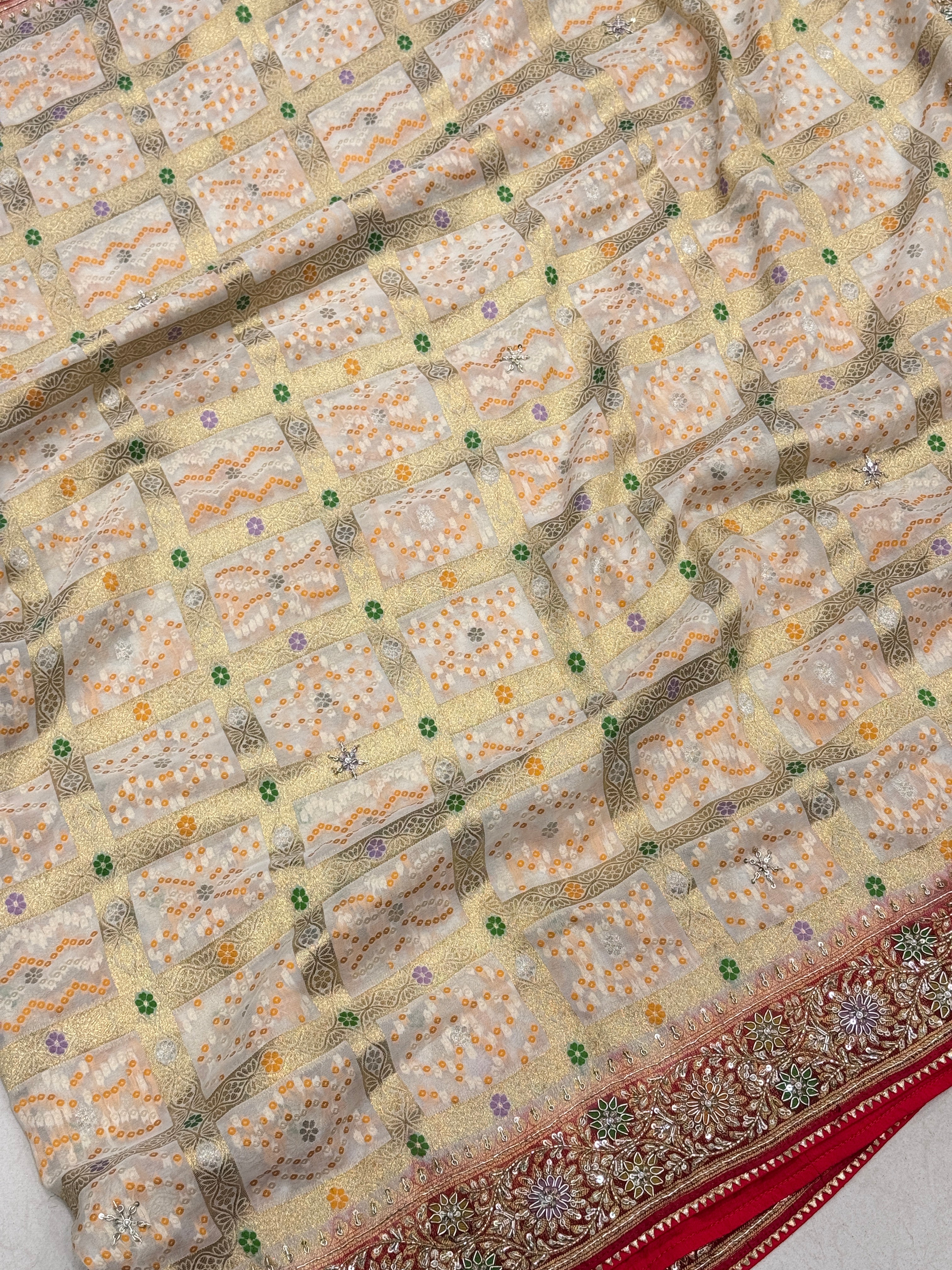 Beige Red Meenakari Gharchola Zardosi Embroidery Saree