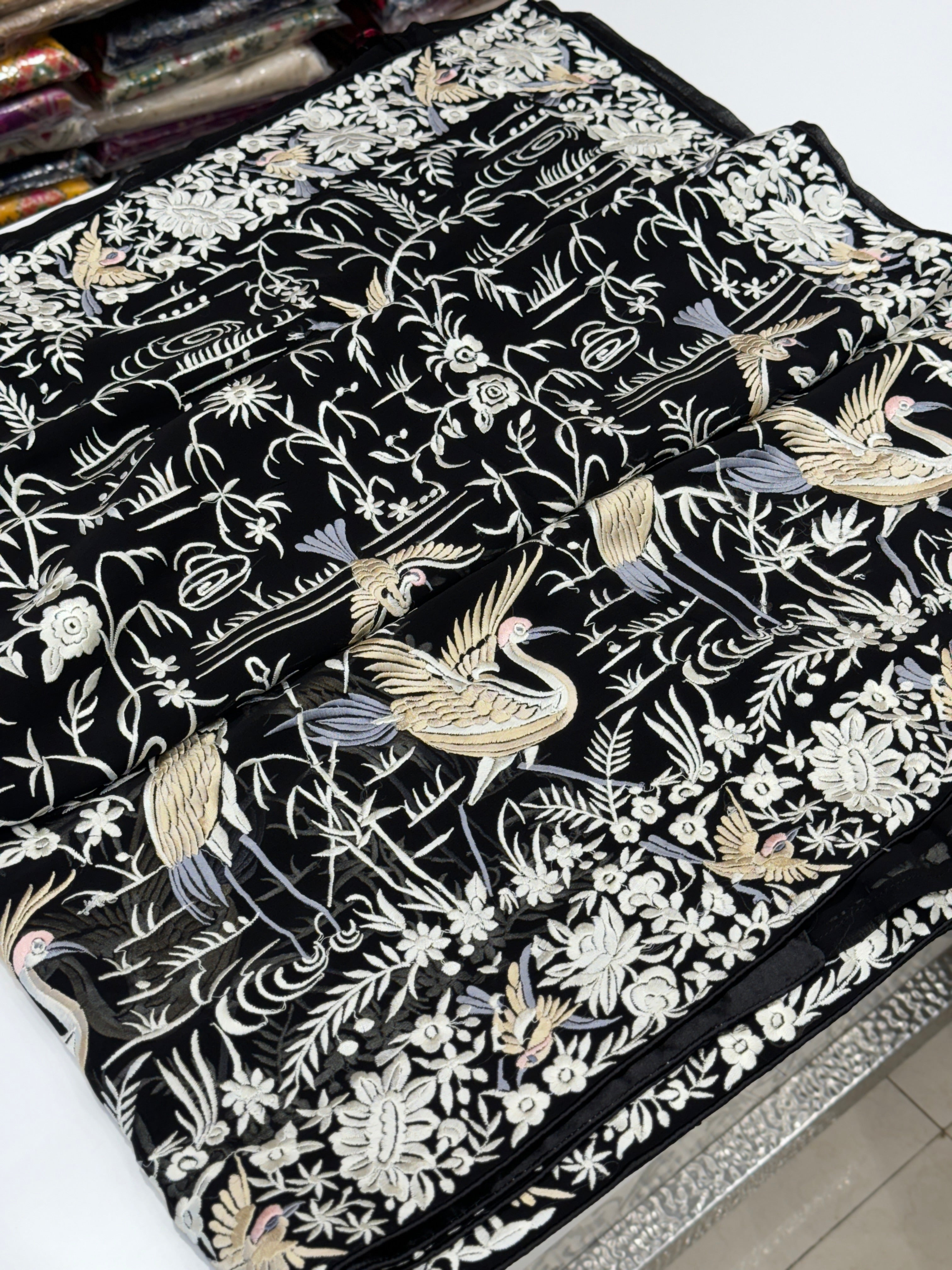 Black Parsi Gara Flying Flamingo Georgette Saree