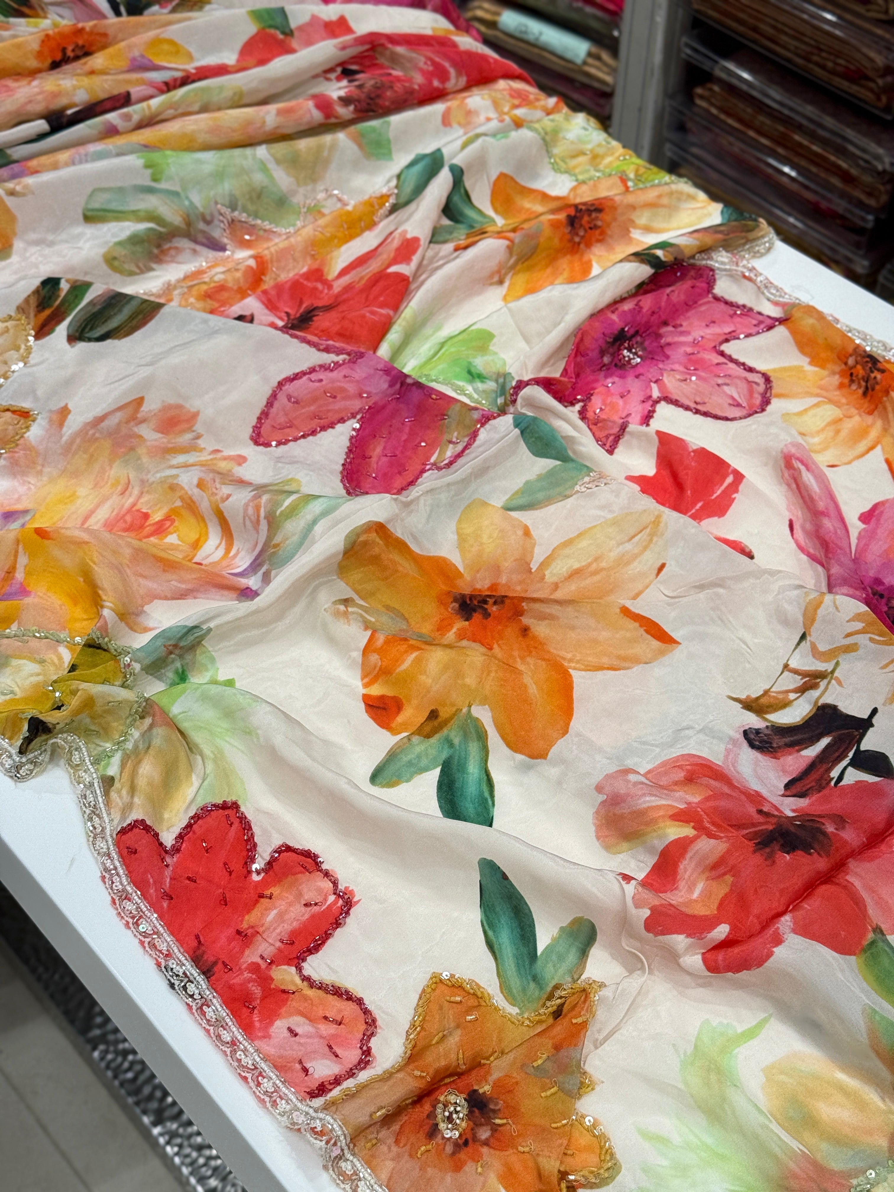 Multi Colour Print Muslin Hand Embroidery Saree