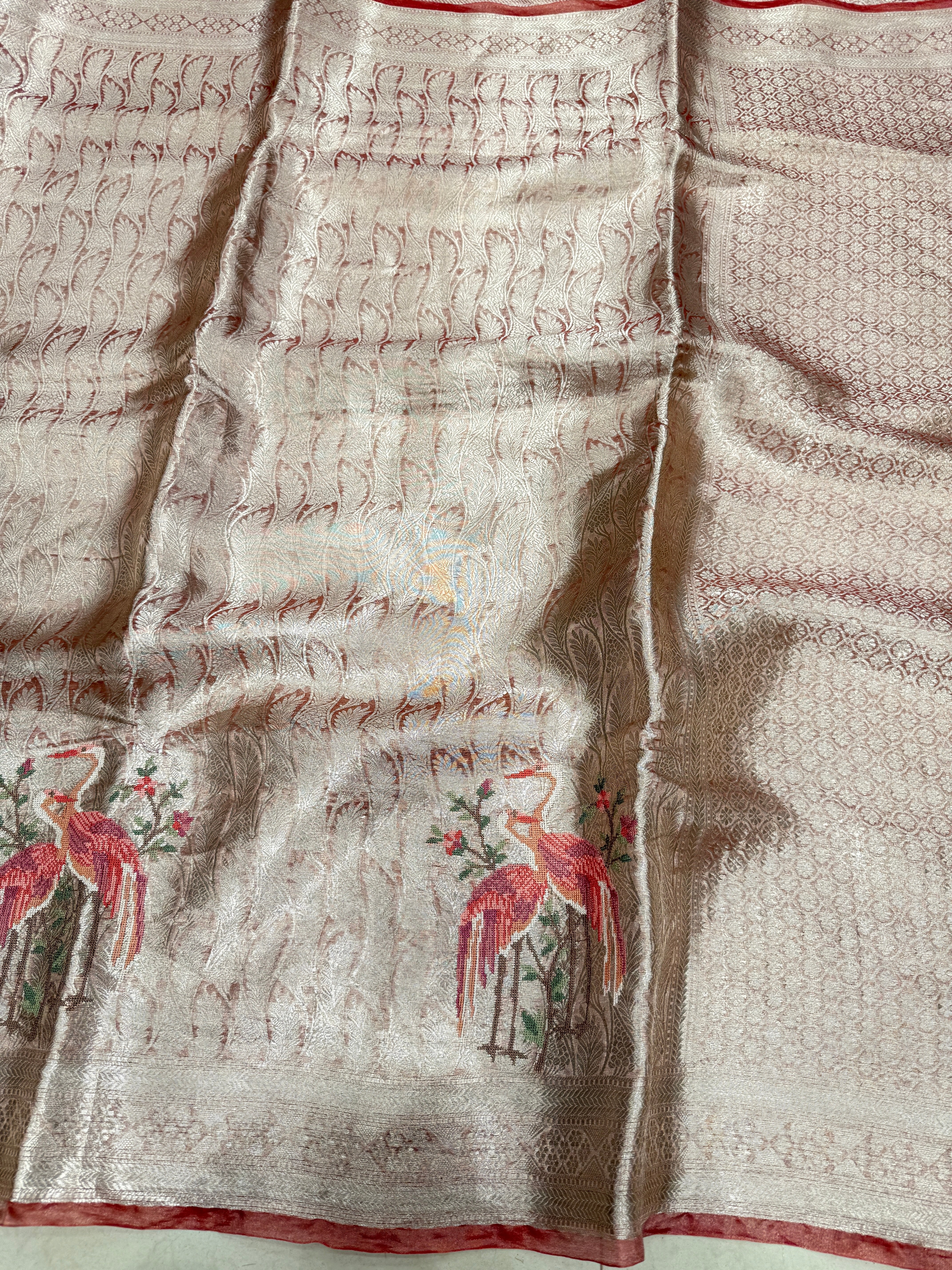 Crimson Silver Handloom Tissue Parsi Contemporary Resham Embroidery Saree