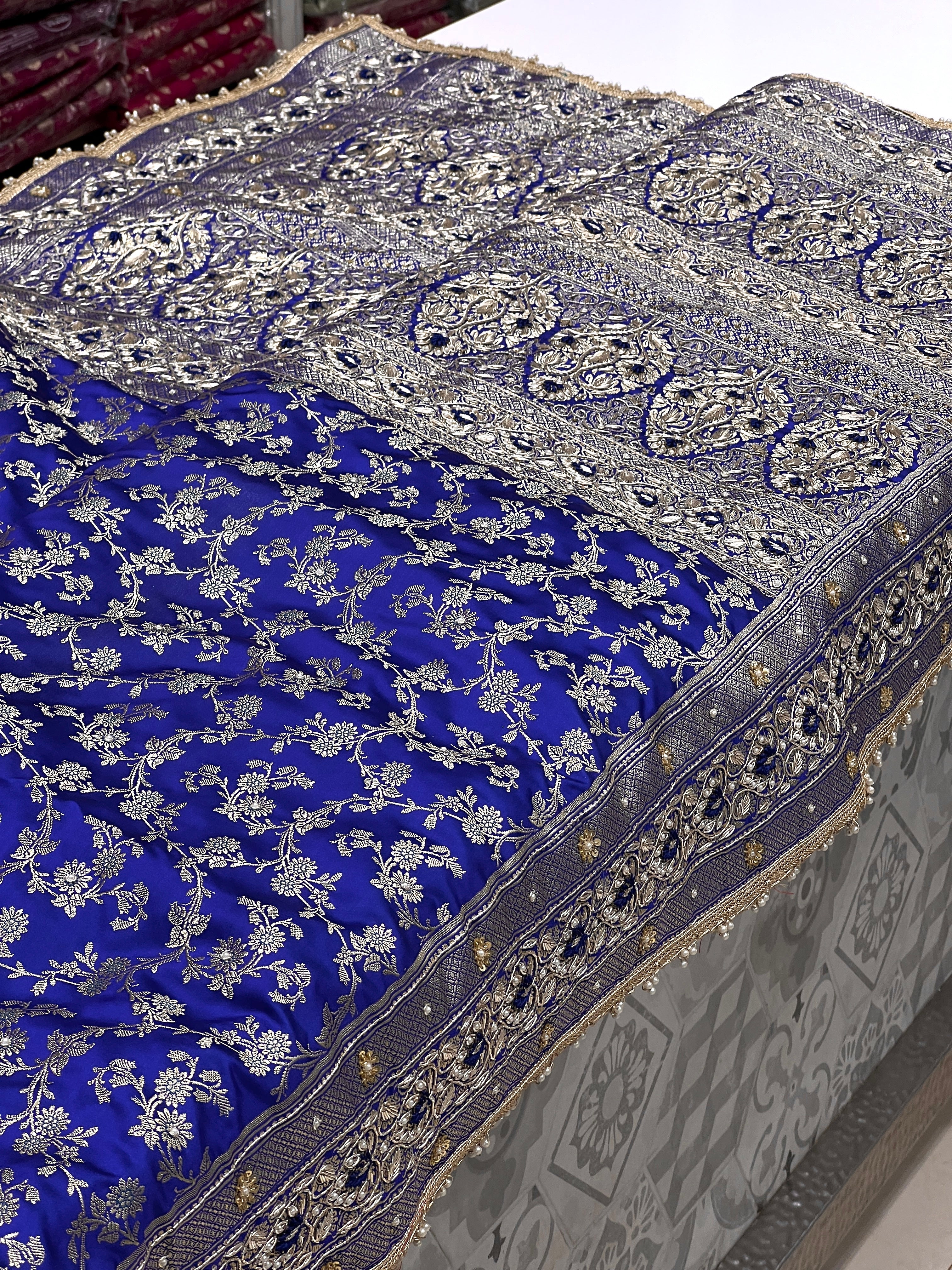 Ink Blue Banarasi Silk Resham Hand Embroidery Saree