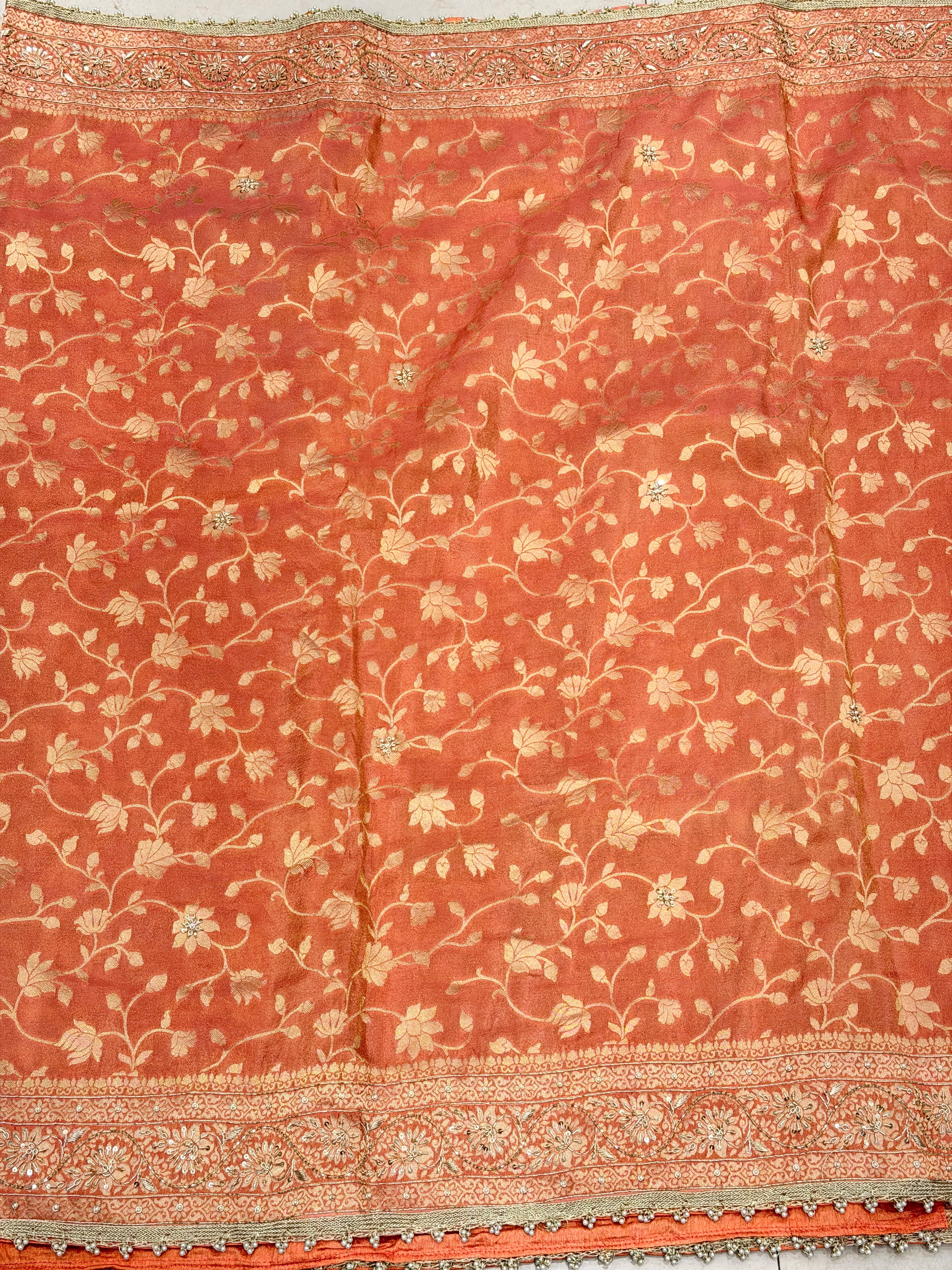Rust Crepe Tissue Banarasi Weaved Zardosi Hand Embroidery Saree