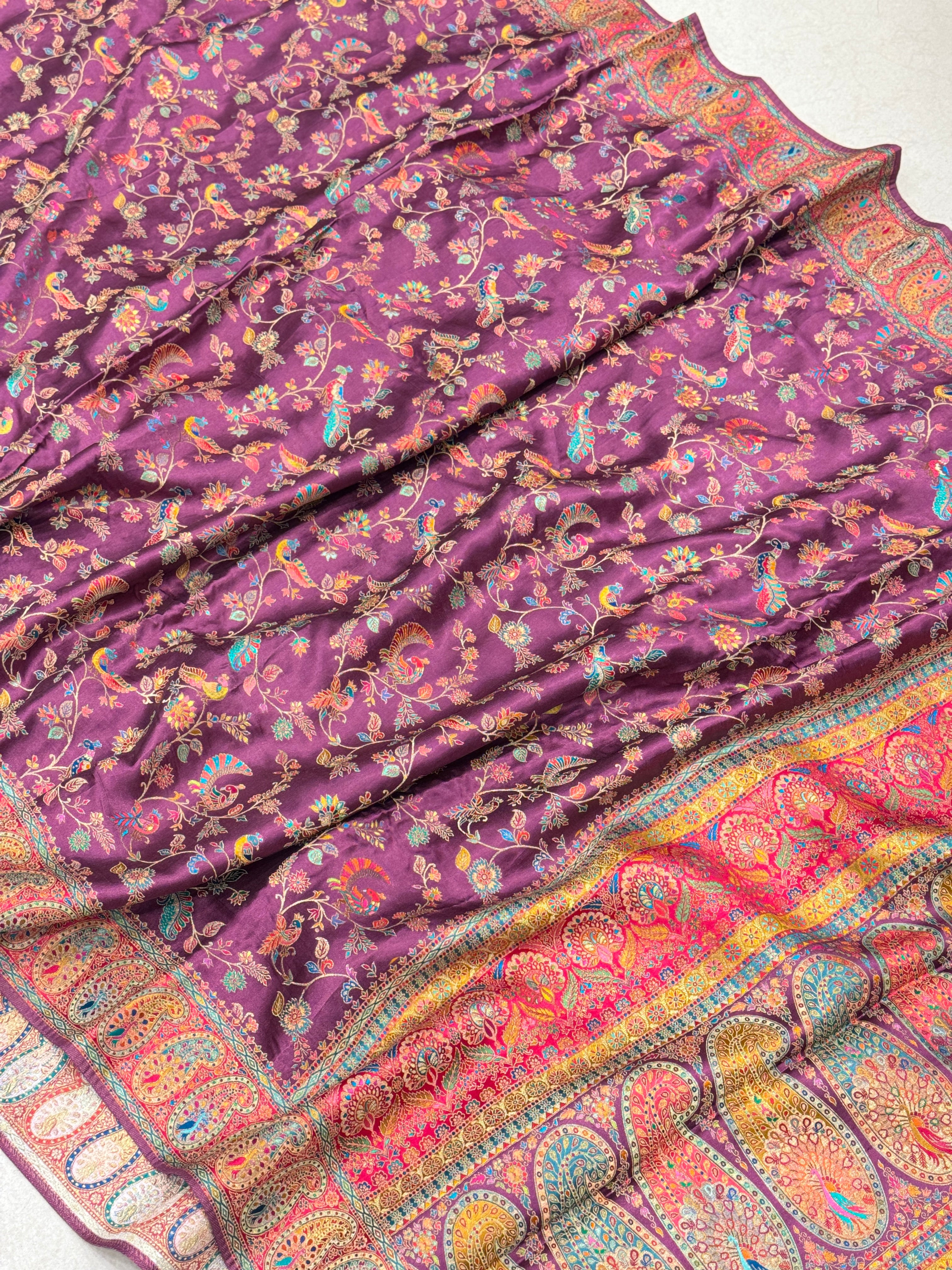 Wine Banarasi Modal Satin Pashmina Style Jaal Saree