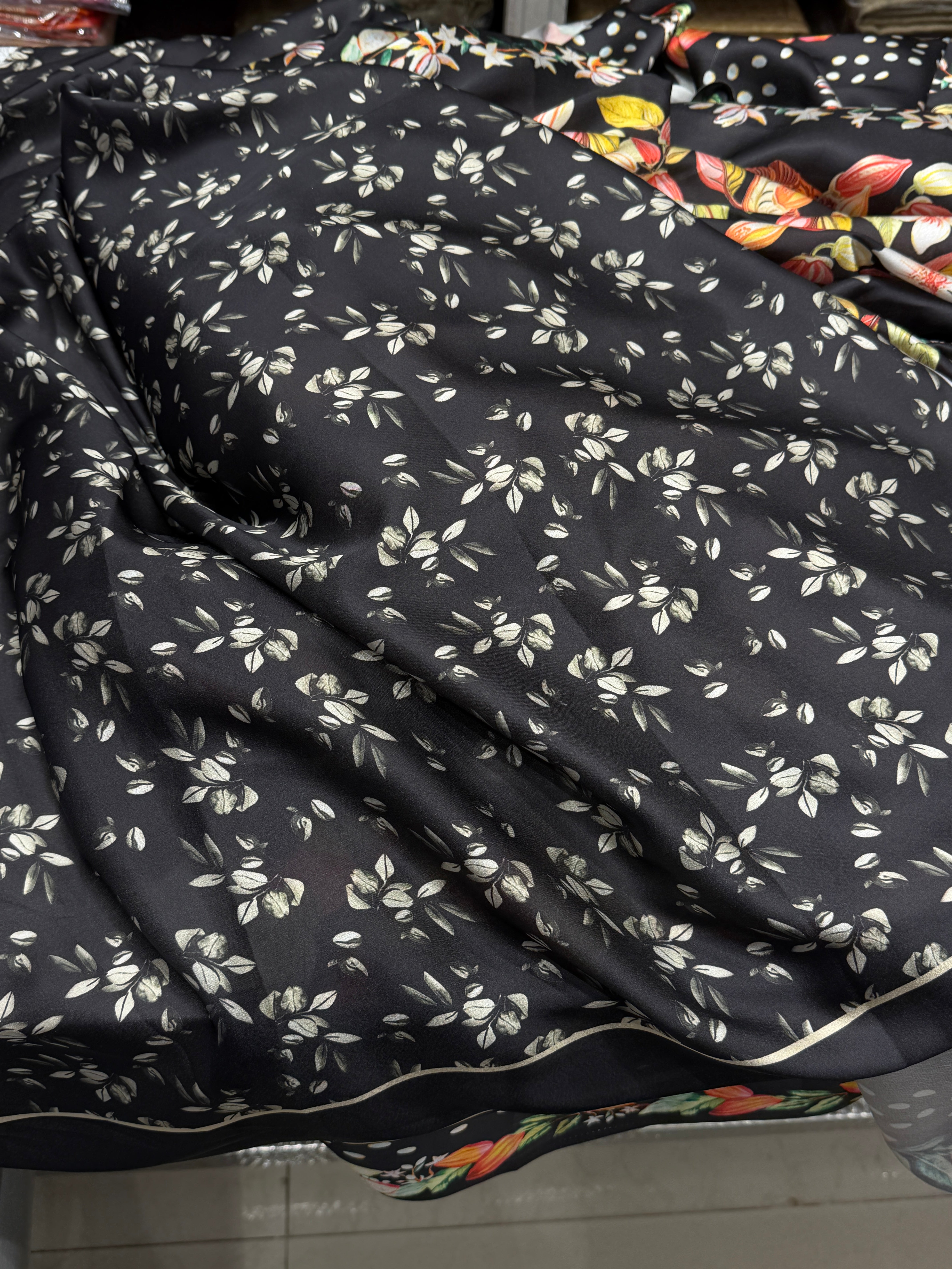 Black Floral Digital Print Satin Saree