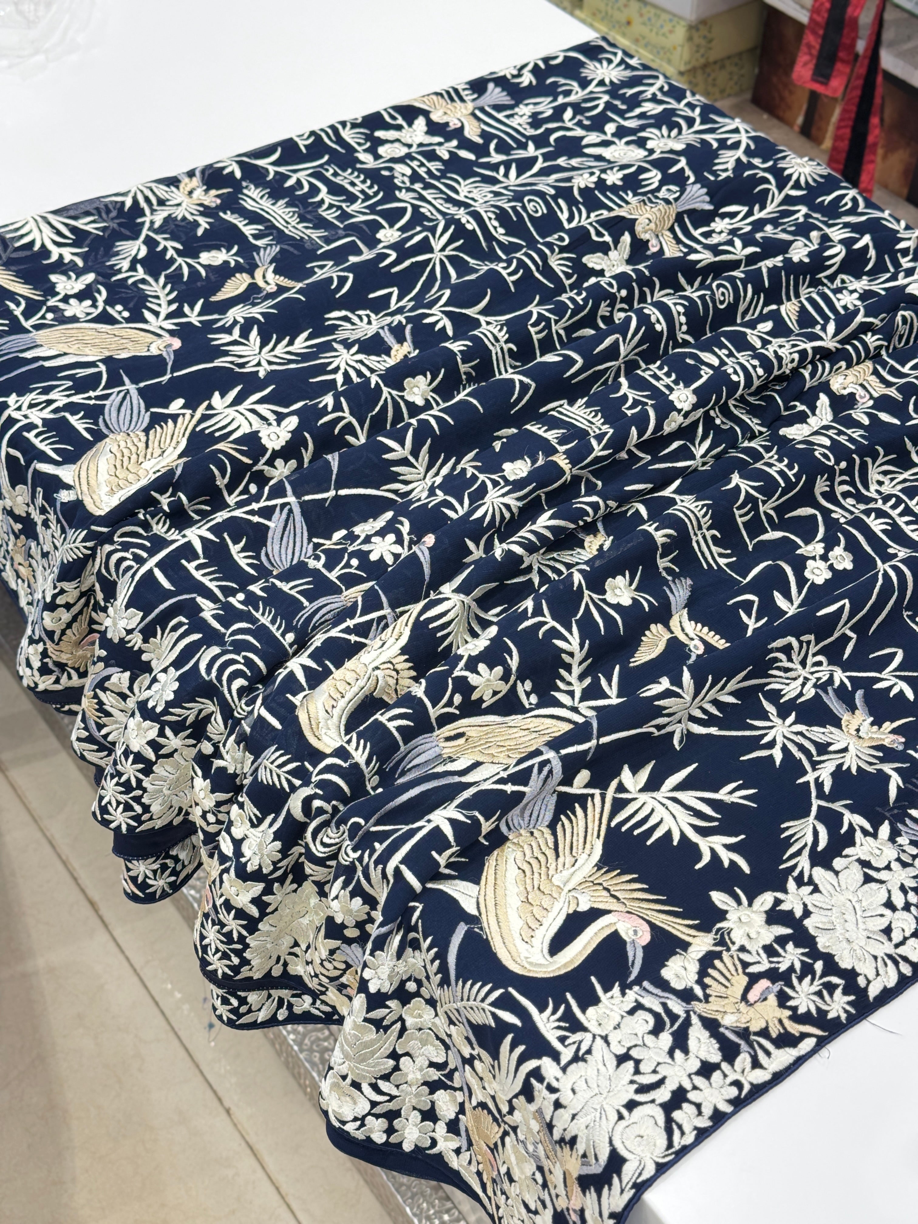 Blue Georgette Flying Flamingo Parsi Gara Saree