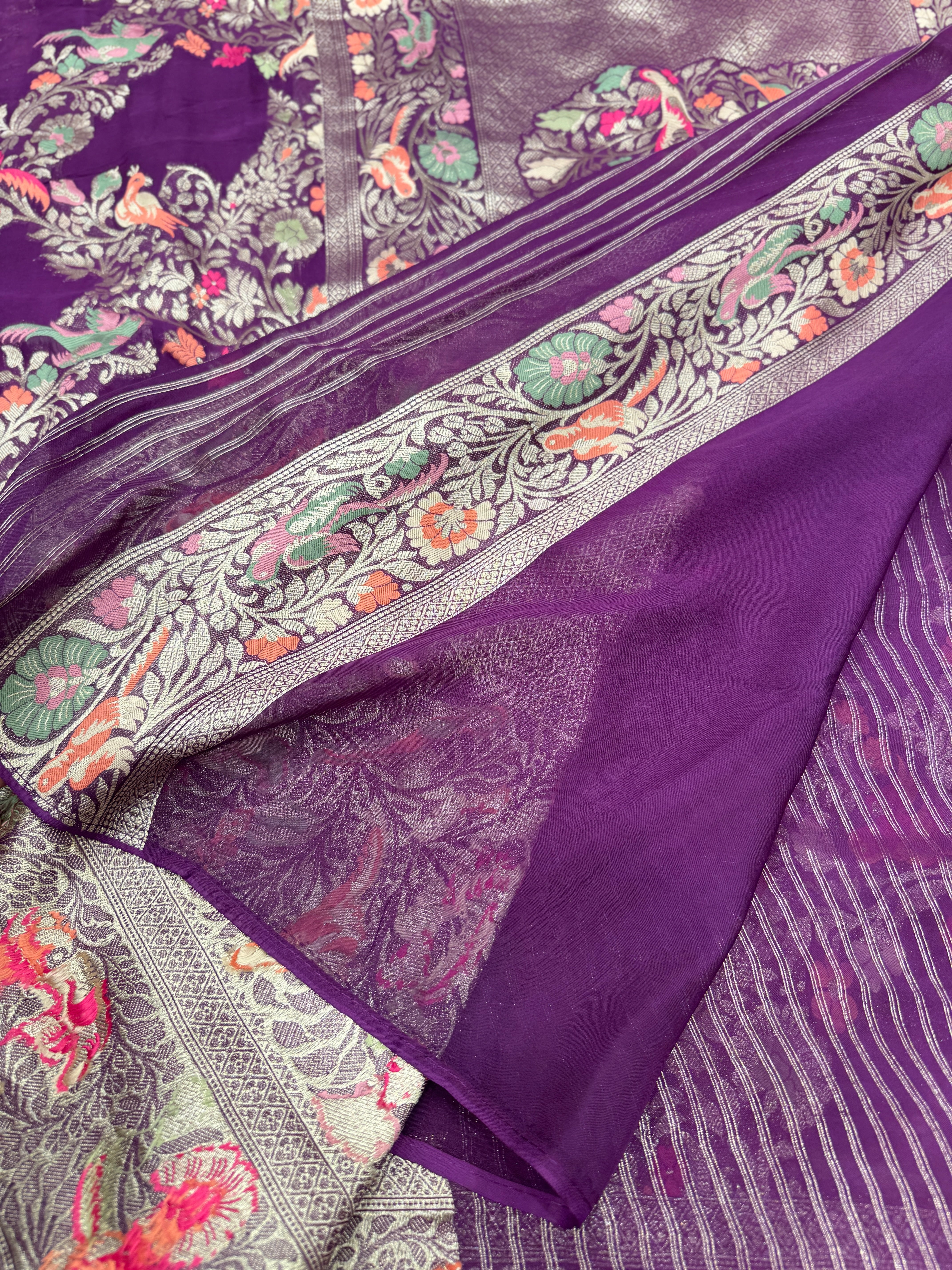 Purple Georgette Criss Cross Birds Theme Saree