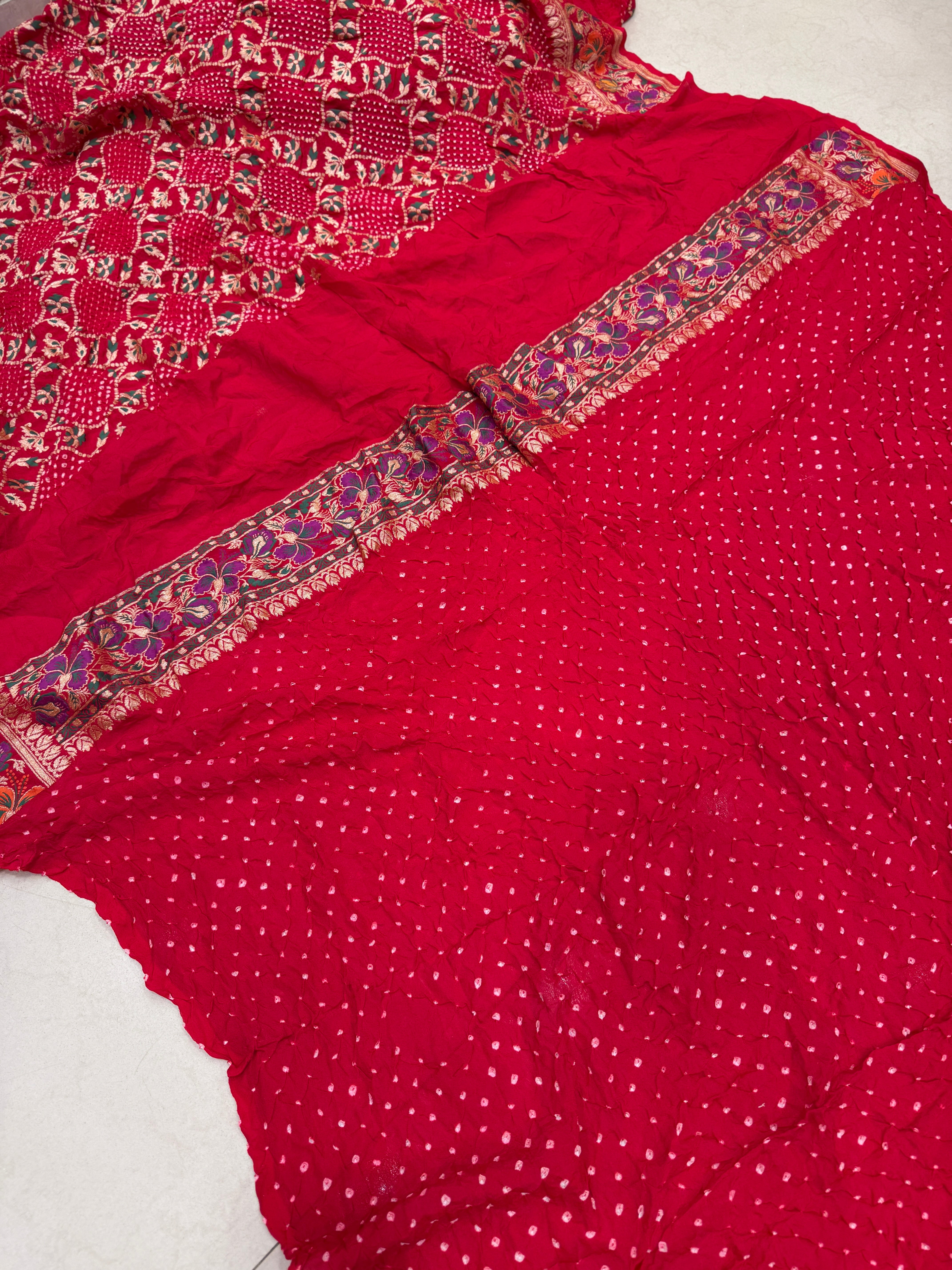 Red Meenakari Rai Bandhej Floral Border Saree