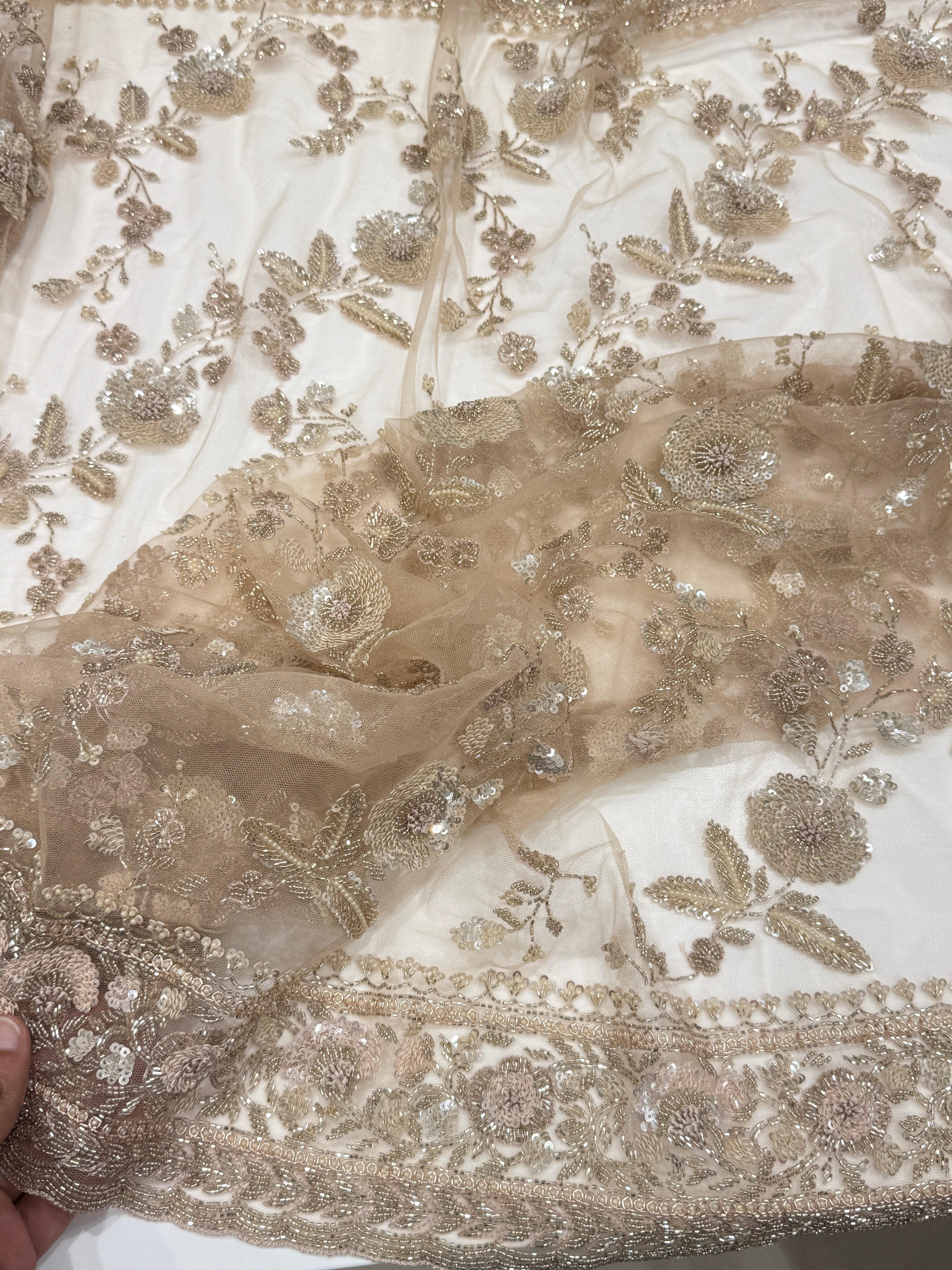 Nude Net Hand Embroidery Zardosi Moti Knot Work Saree
