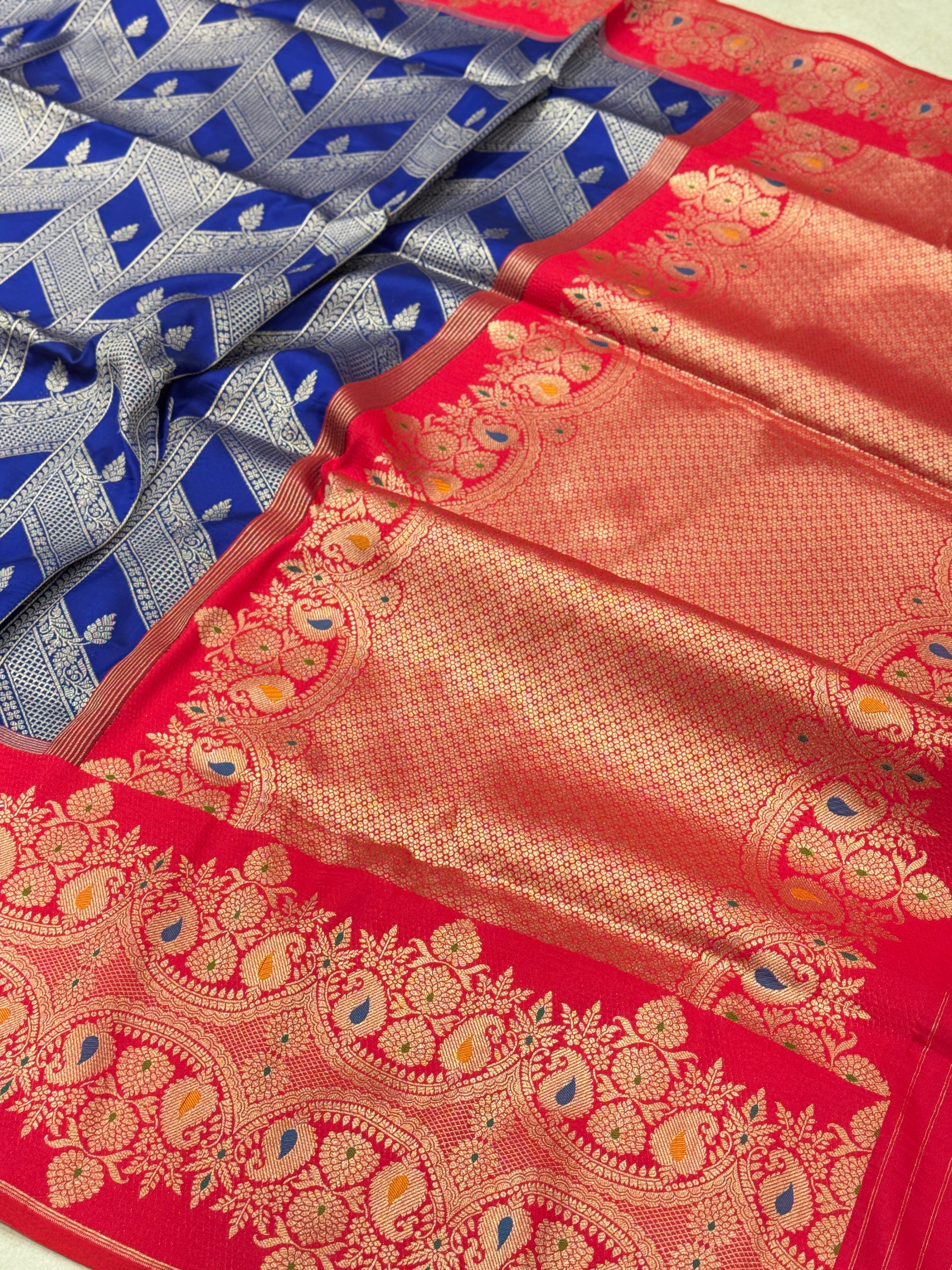 Royal Blue Contemporary Red Border Banarasi Silk Saree