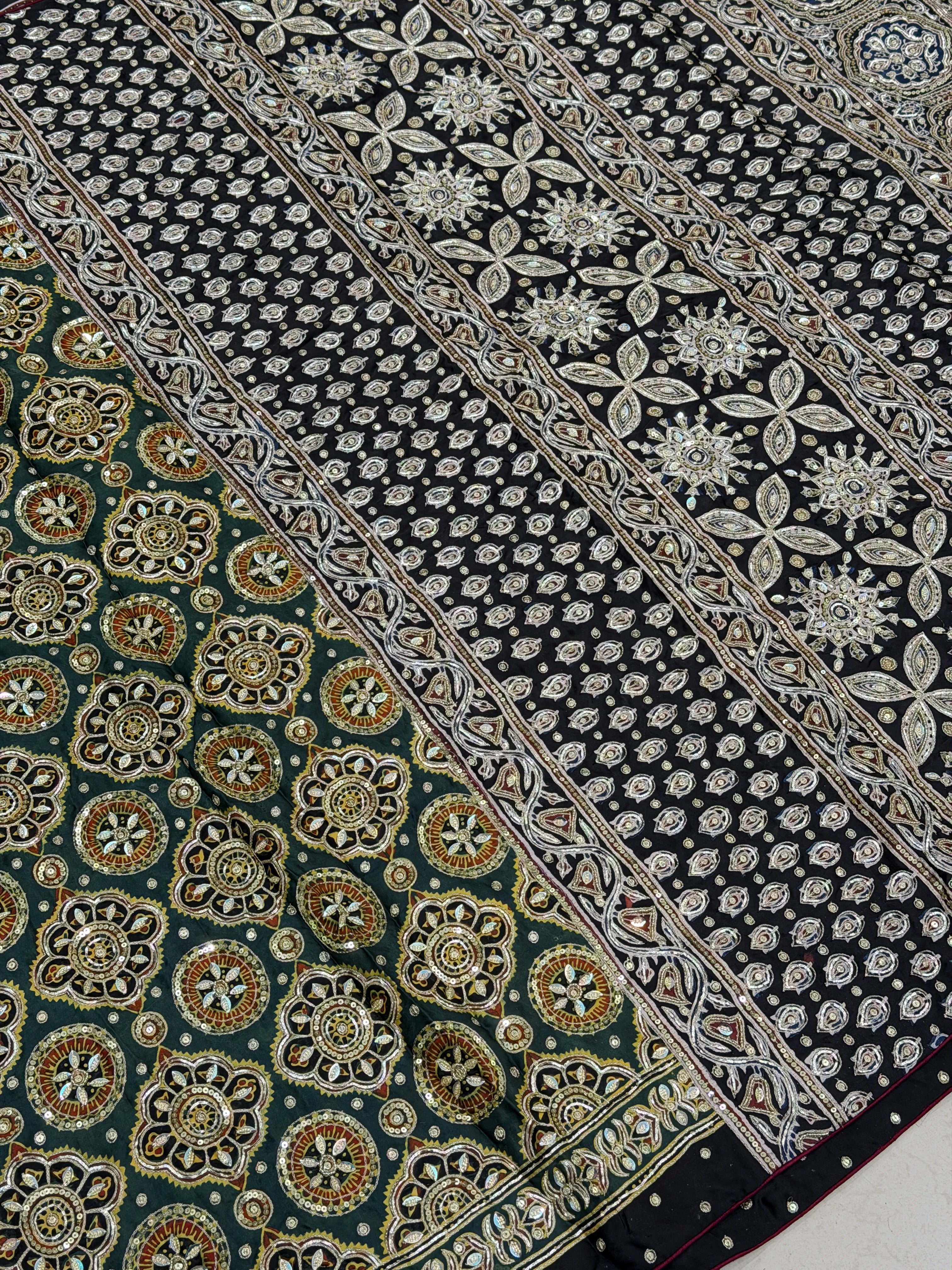 Green Jaal Pita Zardosi Sequin Ajrakh Hand Embroidery Saree