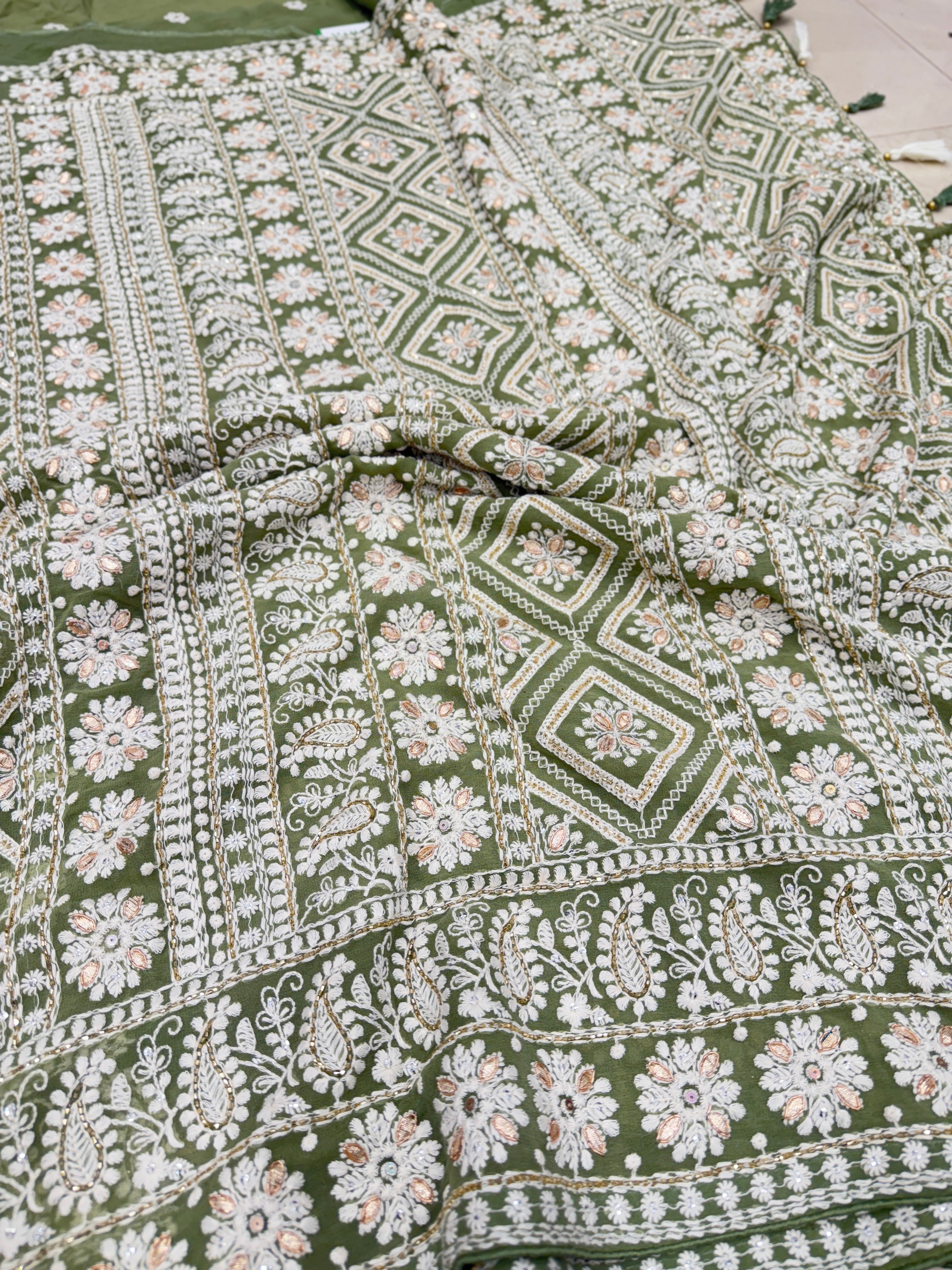 Green Butta Chikankari on Georgette with Cutdana Hand Embroidery