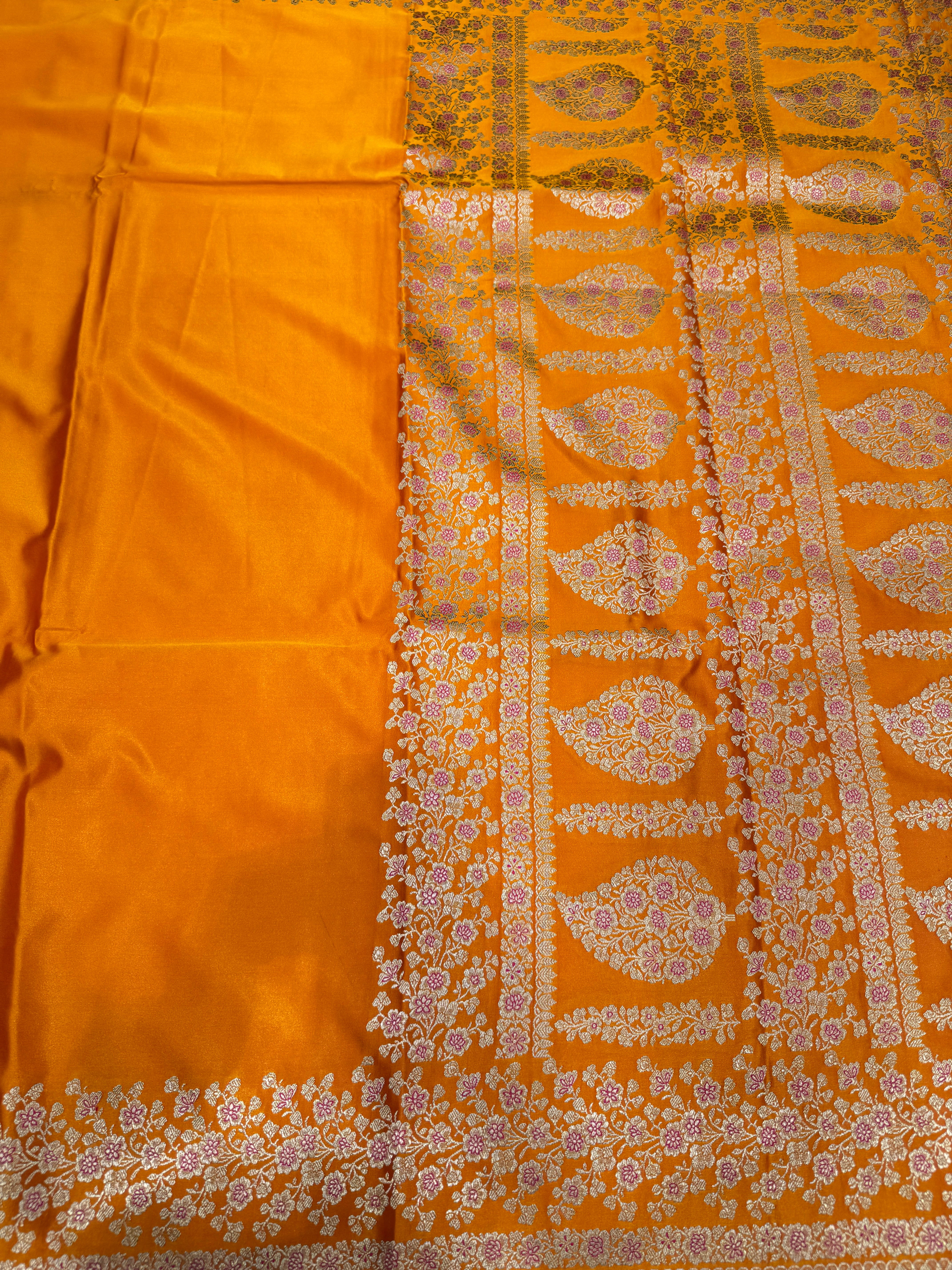 Mango Yellow Banarasi Silk Plain Floral Border Saree