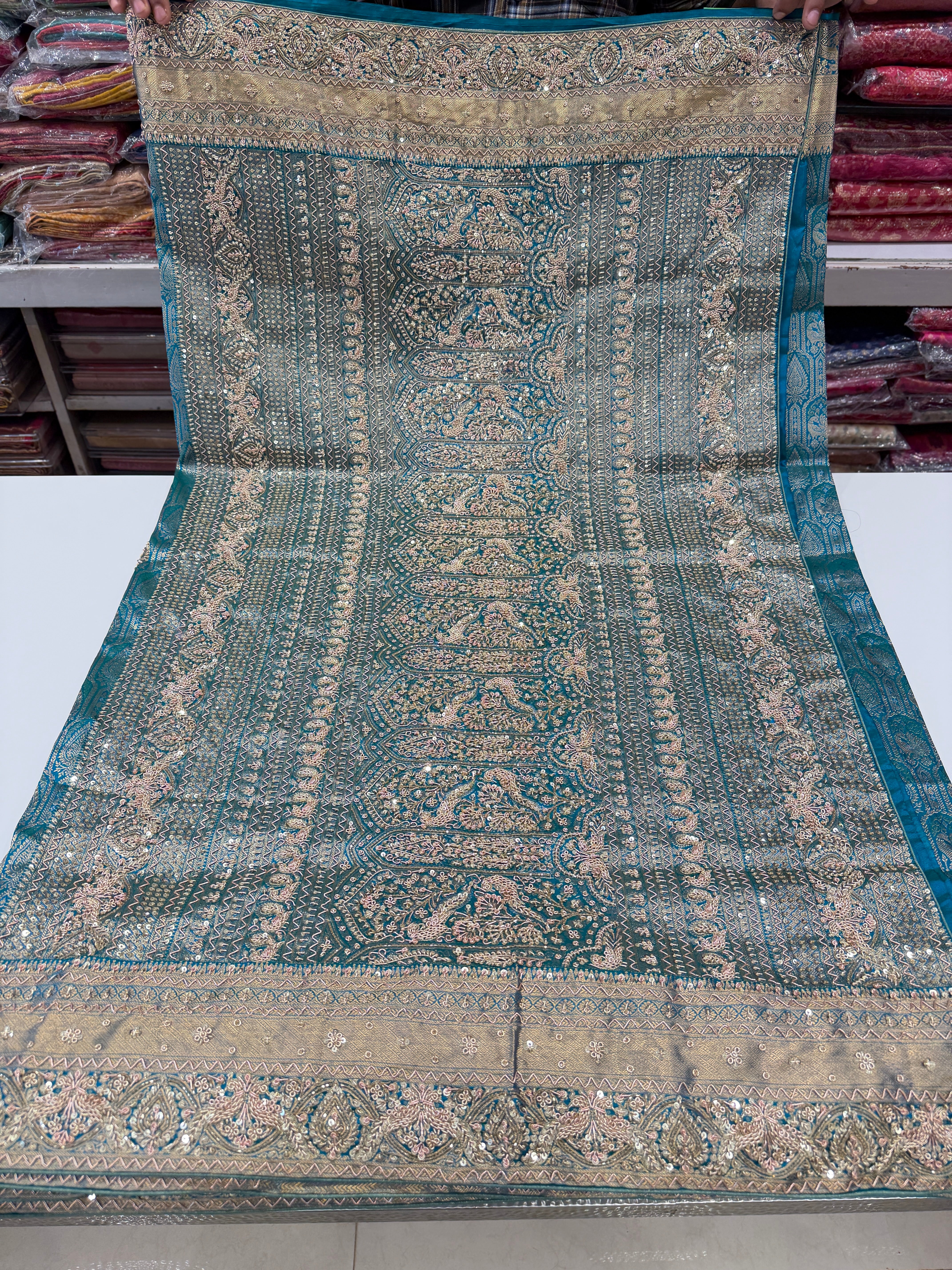Sea Green Kanjivaram Peacock Motif Zardosi Hand Embroidery Saree