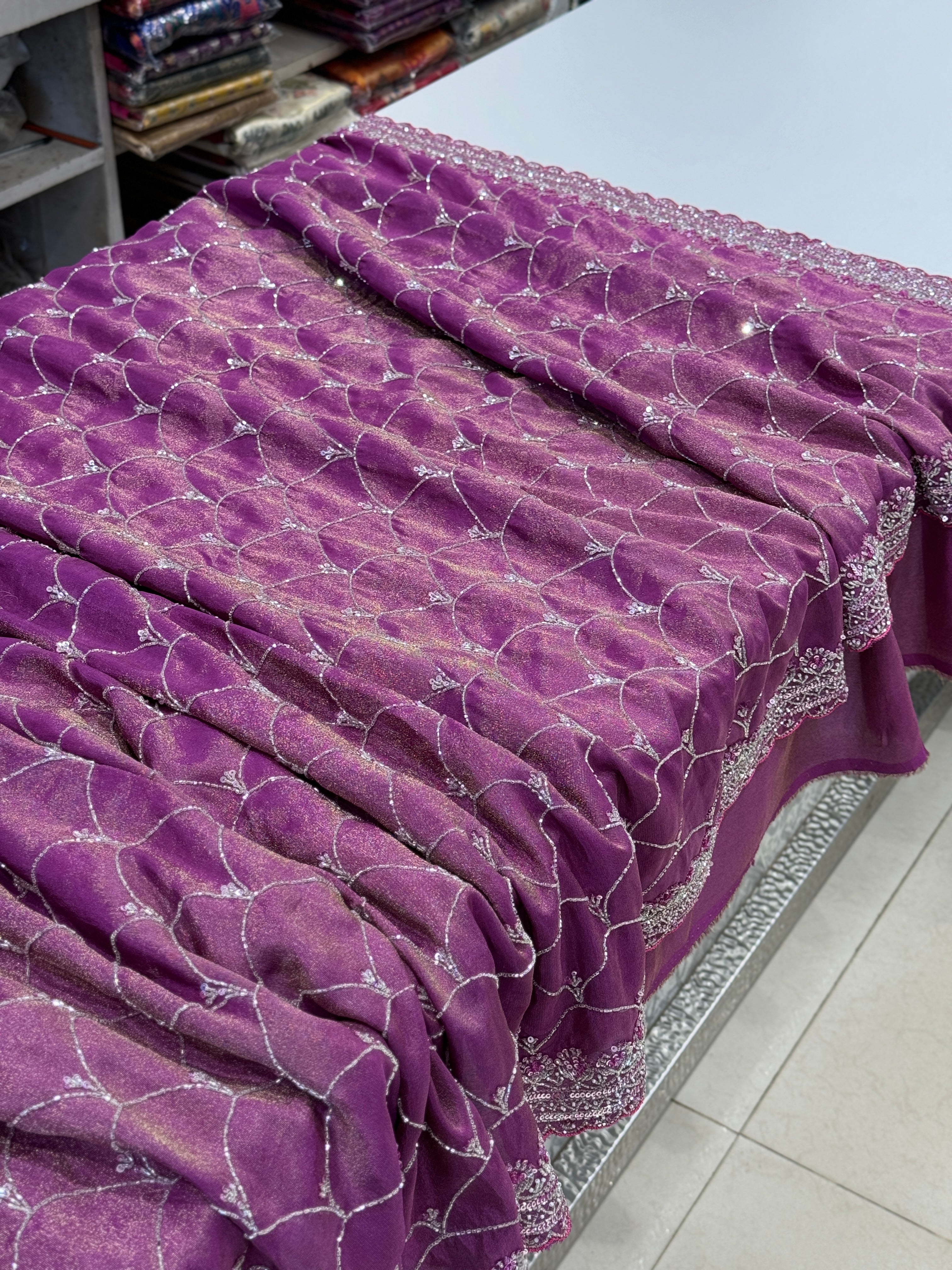 Cross Violet Rani Crepe Tissue Embroidery Saree