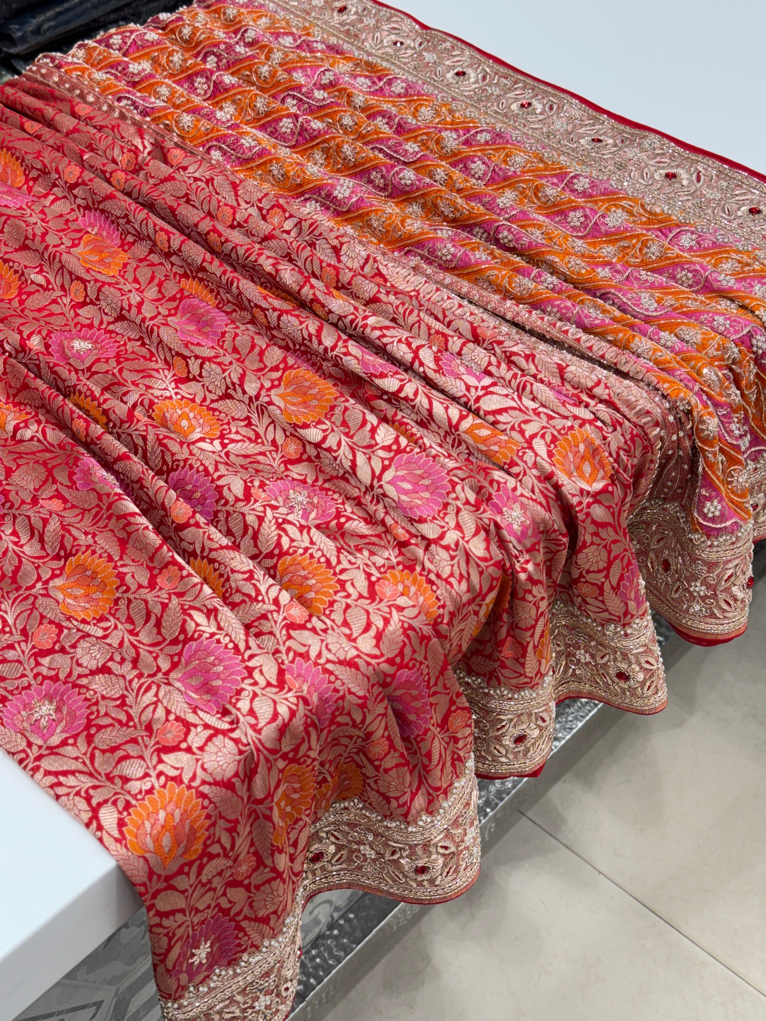 Meenakari Banarasi Katan Zardodi Hand Embroidery Crystal Saree