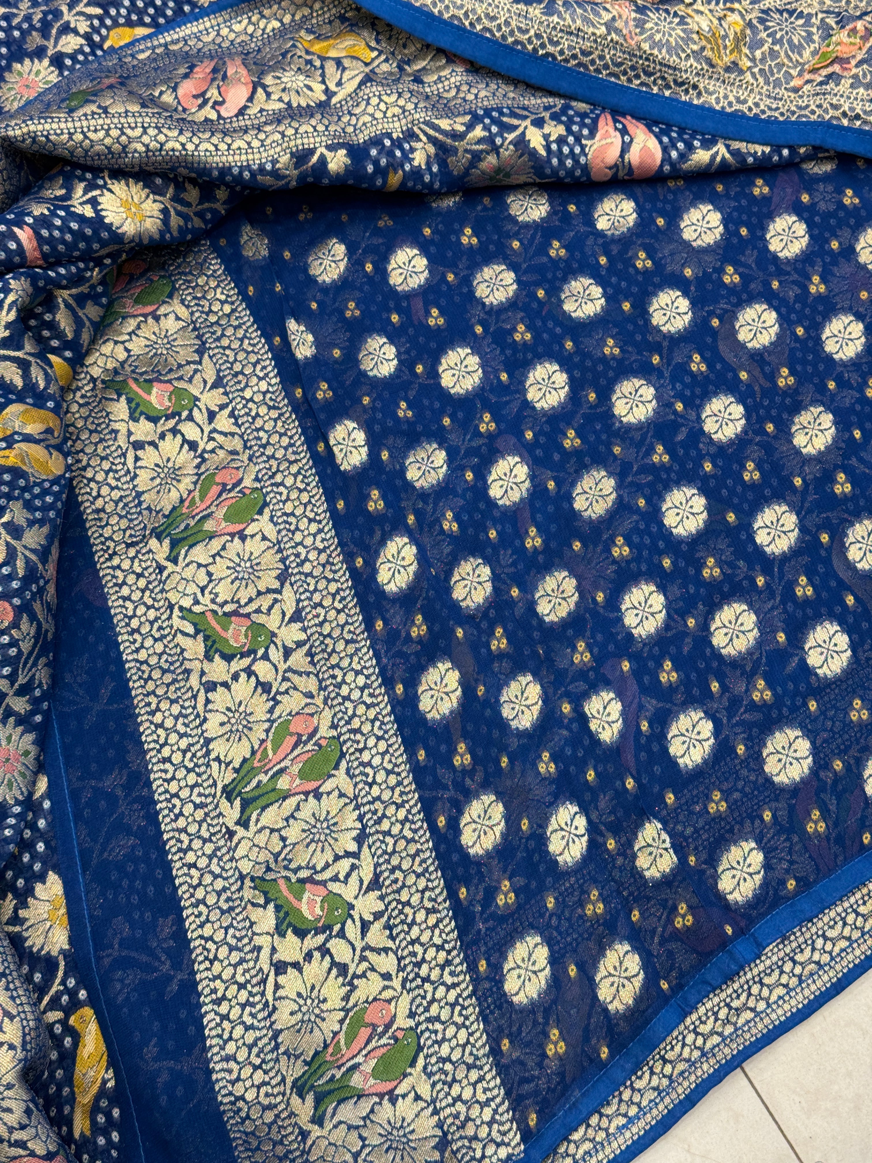 Blue Woven Bandhej Meenakari Parrot Motif Saree