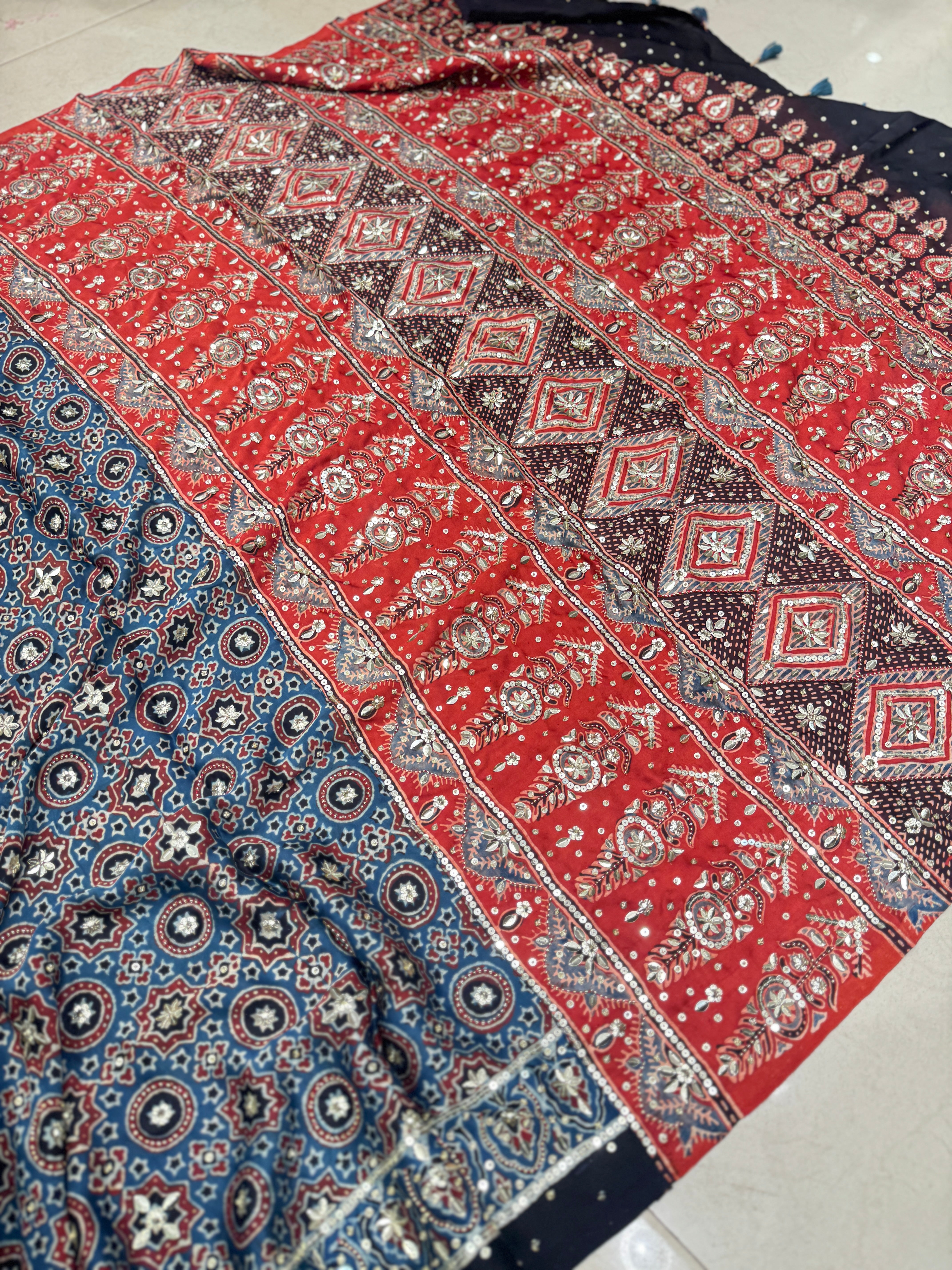 Blue Red Four Square Moti Sequin Ajrakh Hand Embroidery Saree