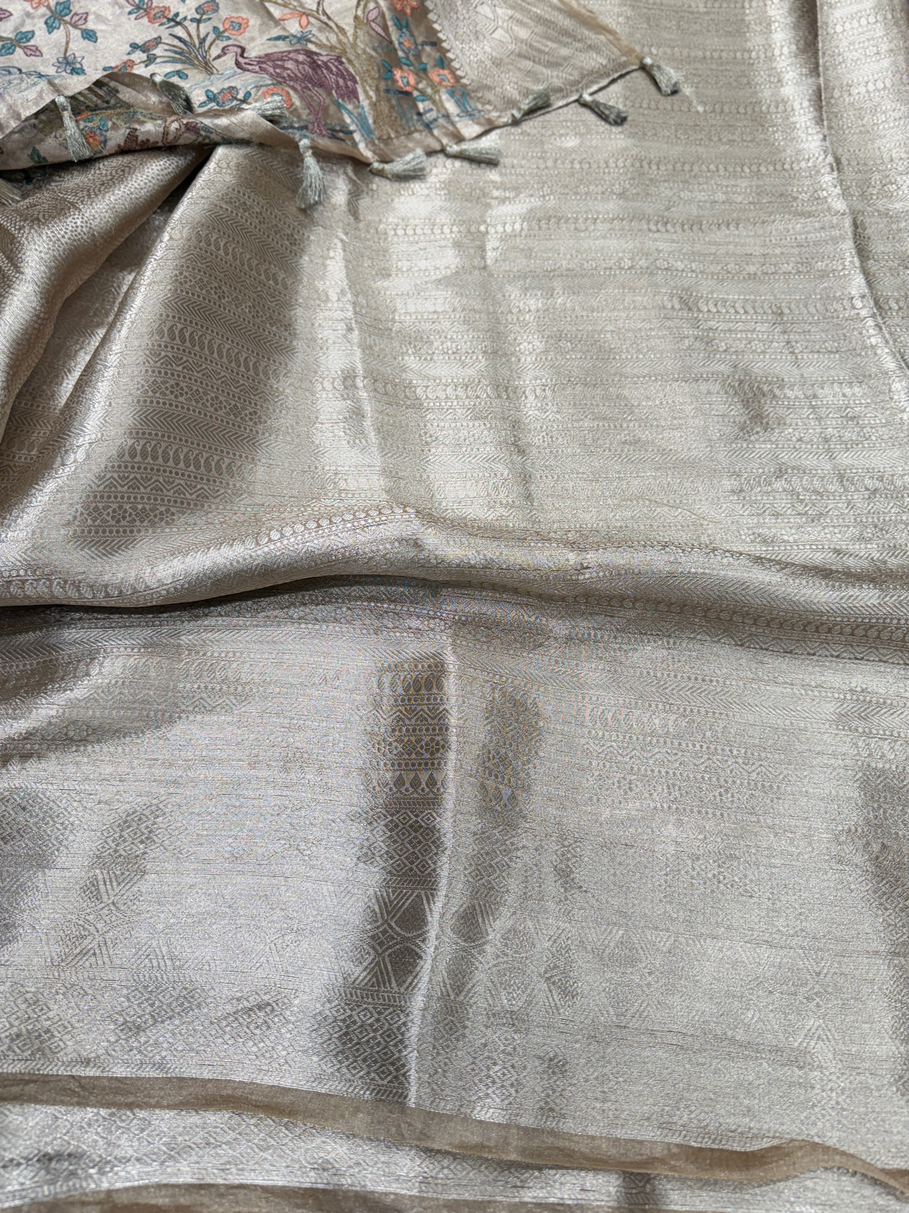 Cement Silver Handloom Tissue Peacock Contemporary Resham Embroidery Saree