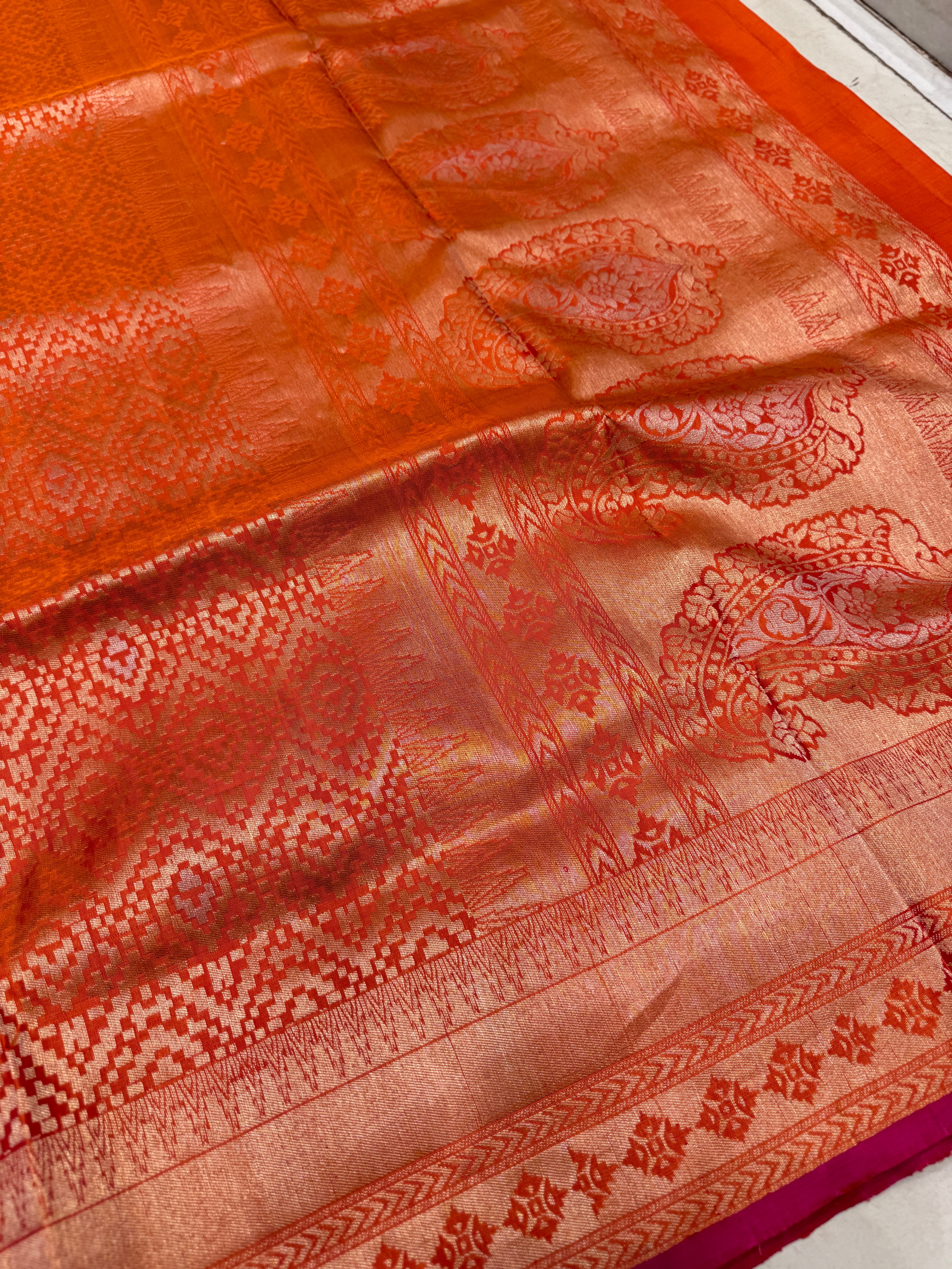 Rust Orange Patola Design Brocade Handloom Kanchipuram Pure Silk Saree