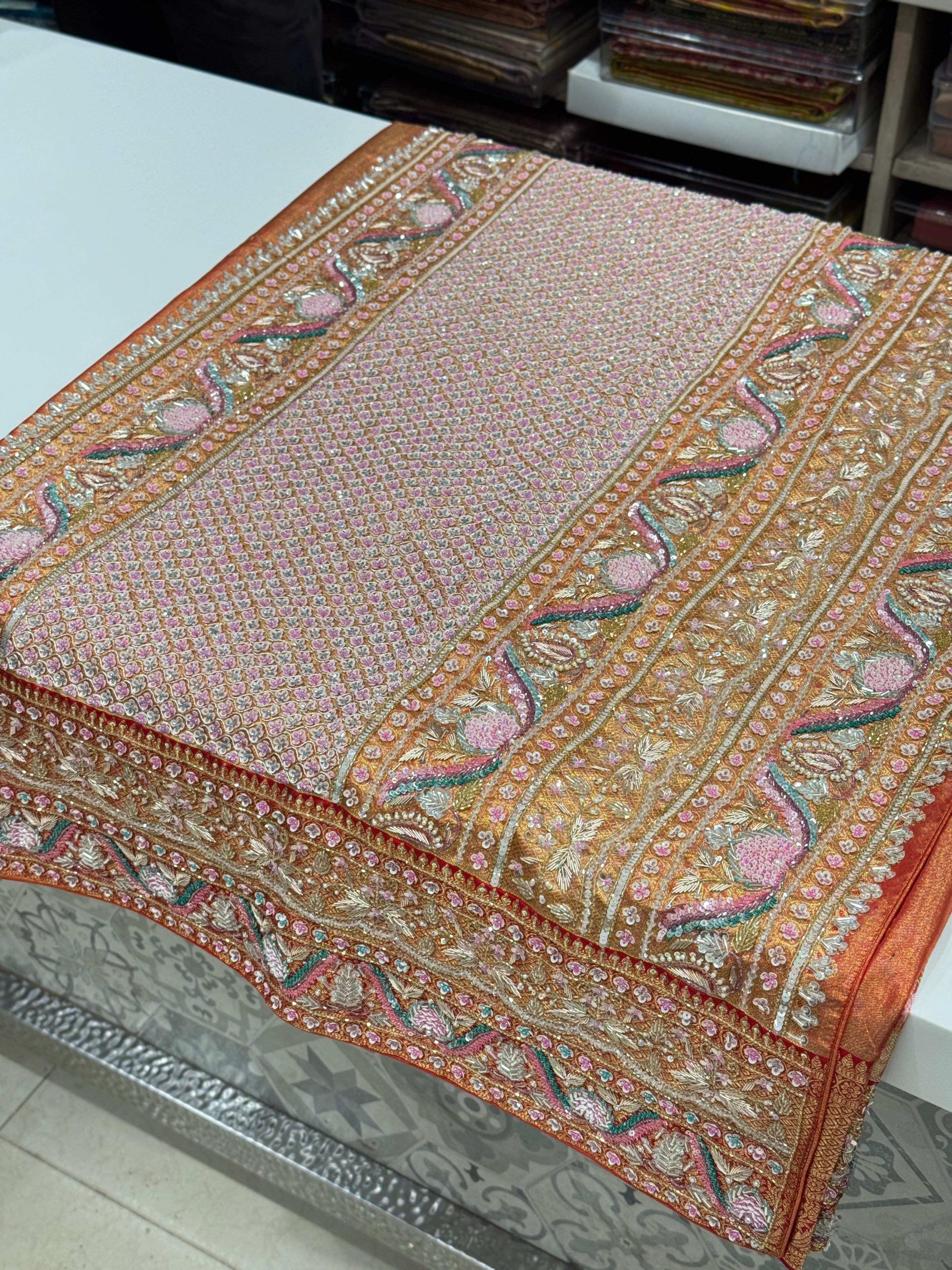 Pink Red Jaal Tissue Kanjivaram Hand Embroidery Saree