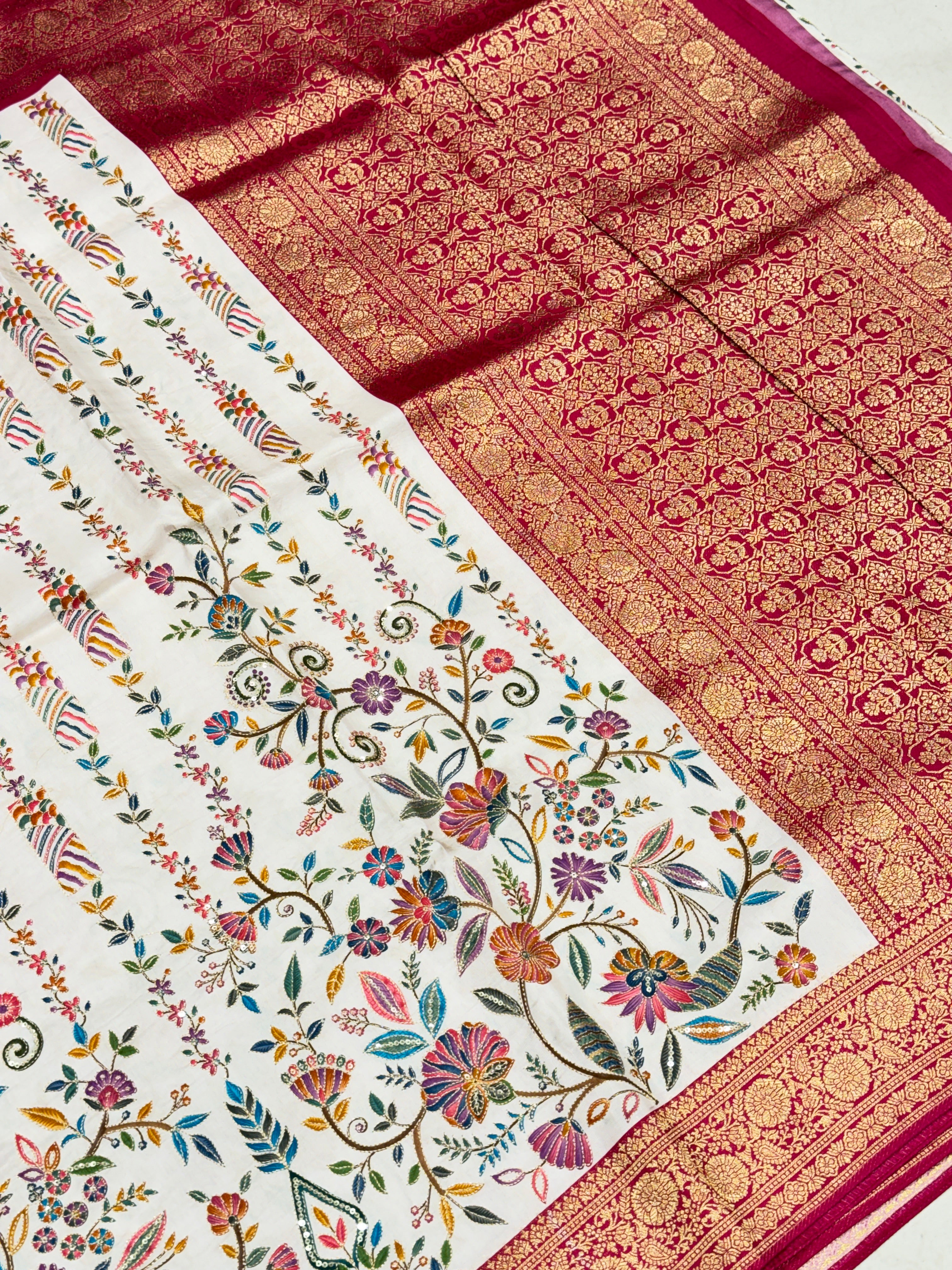 Beige Banarasi Munga With Pita Embroidery