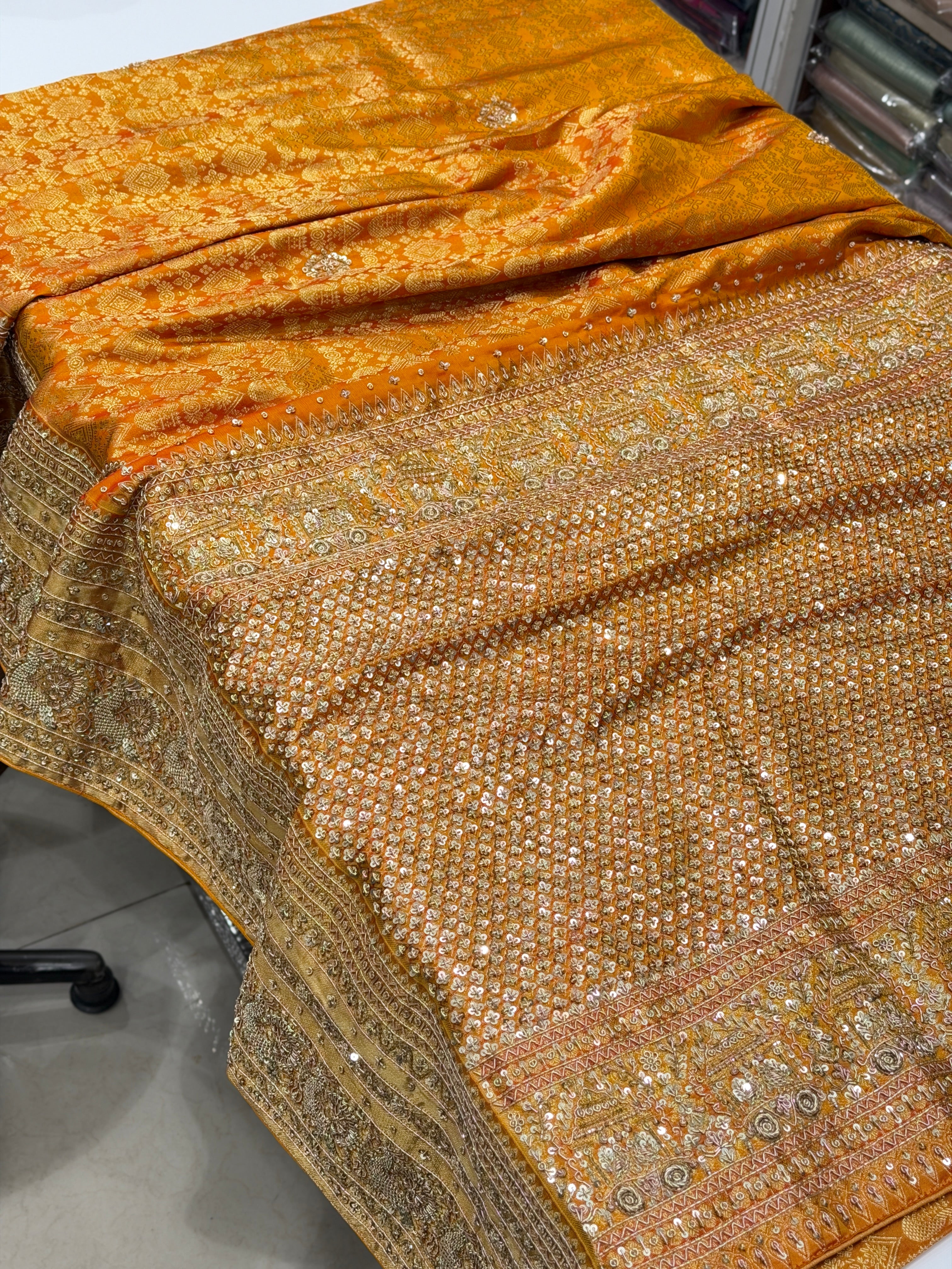 Mustard Yellow Kanjivaram Peacock Motif Hand Embroidery Zardosi Saree