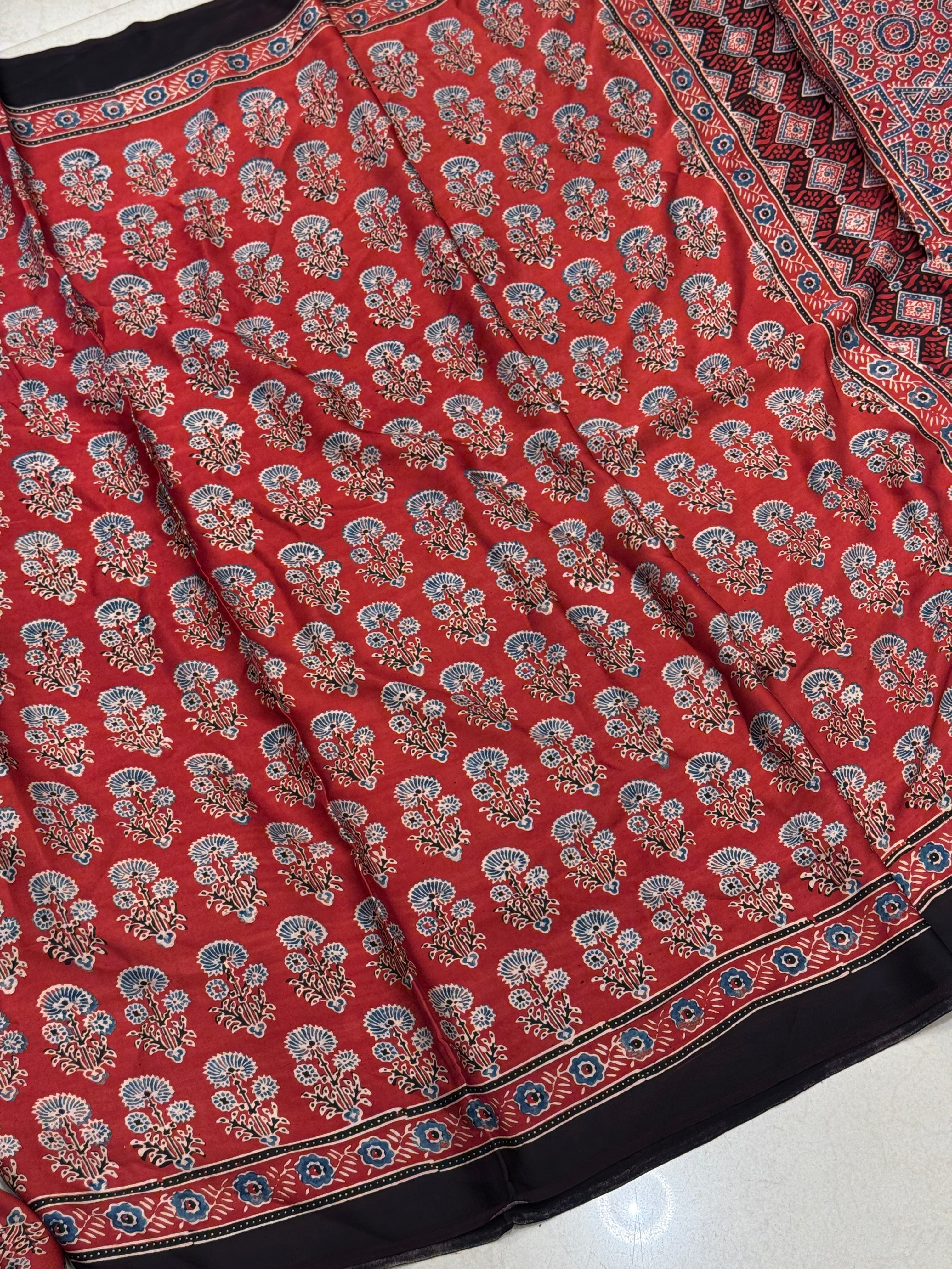 Red Floral Butta Ajrakh Hand Block Print Pure Gajji Silk Saree