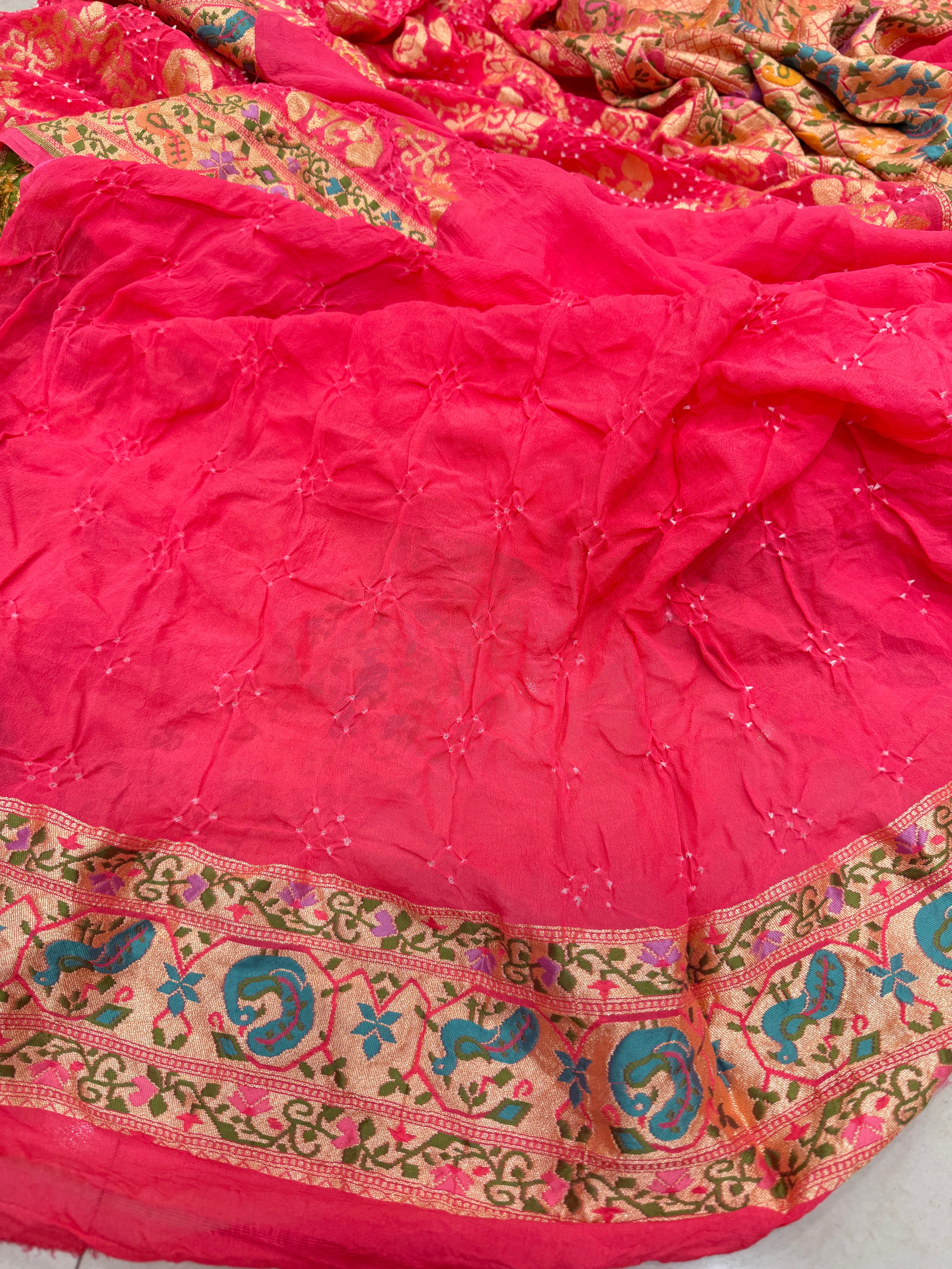 Peach Meenakari Rai Peacock Parrot Theme Bandhej Saree