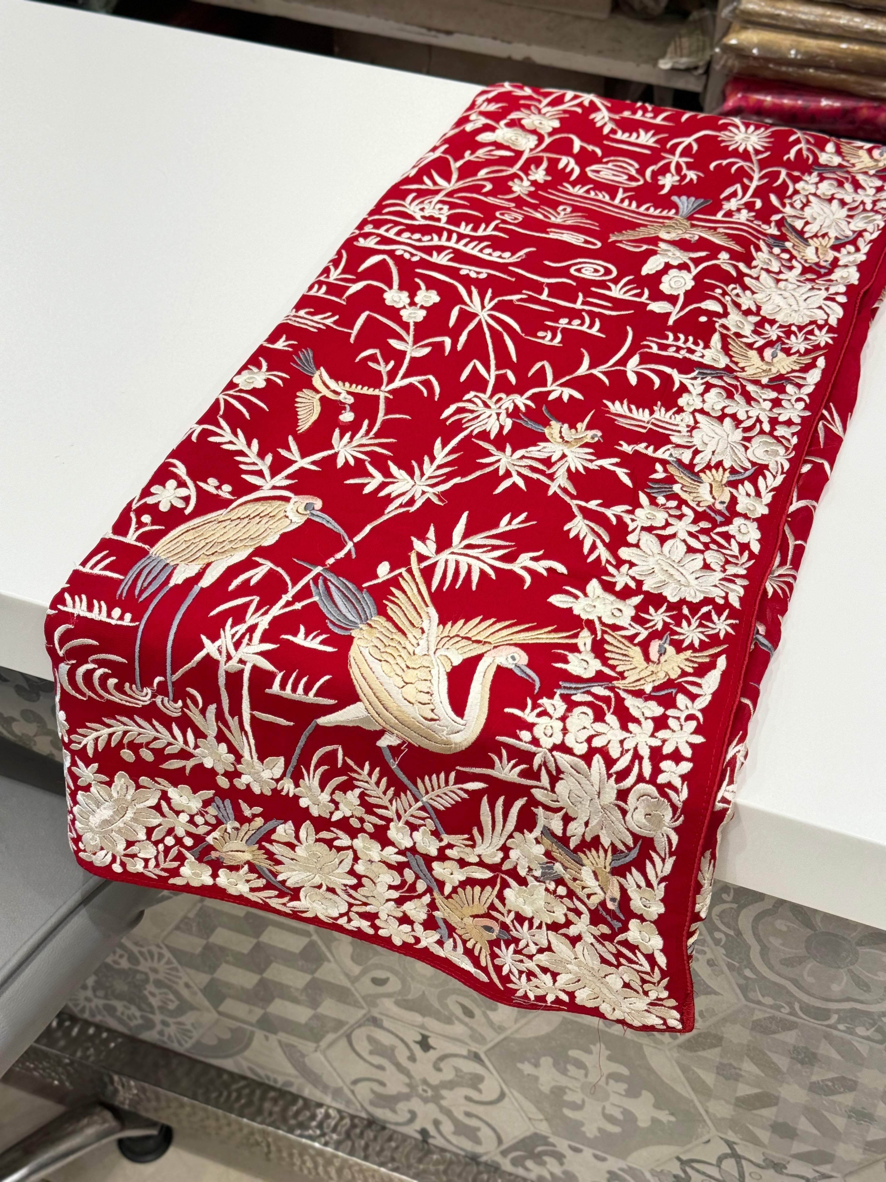 Red Georgette Flying Flamingo Parsi Gara Saree