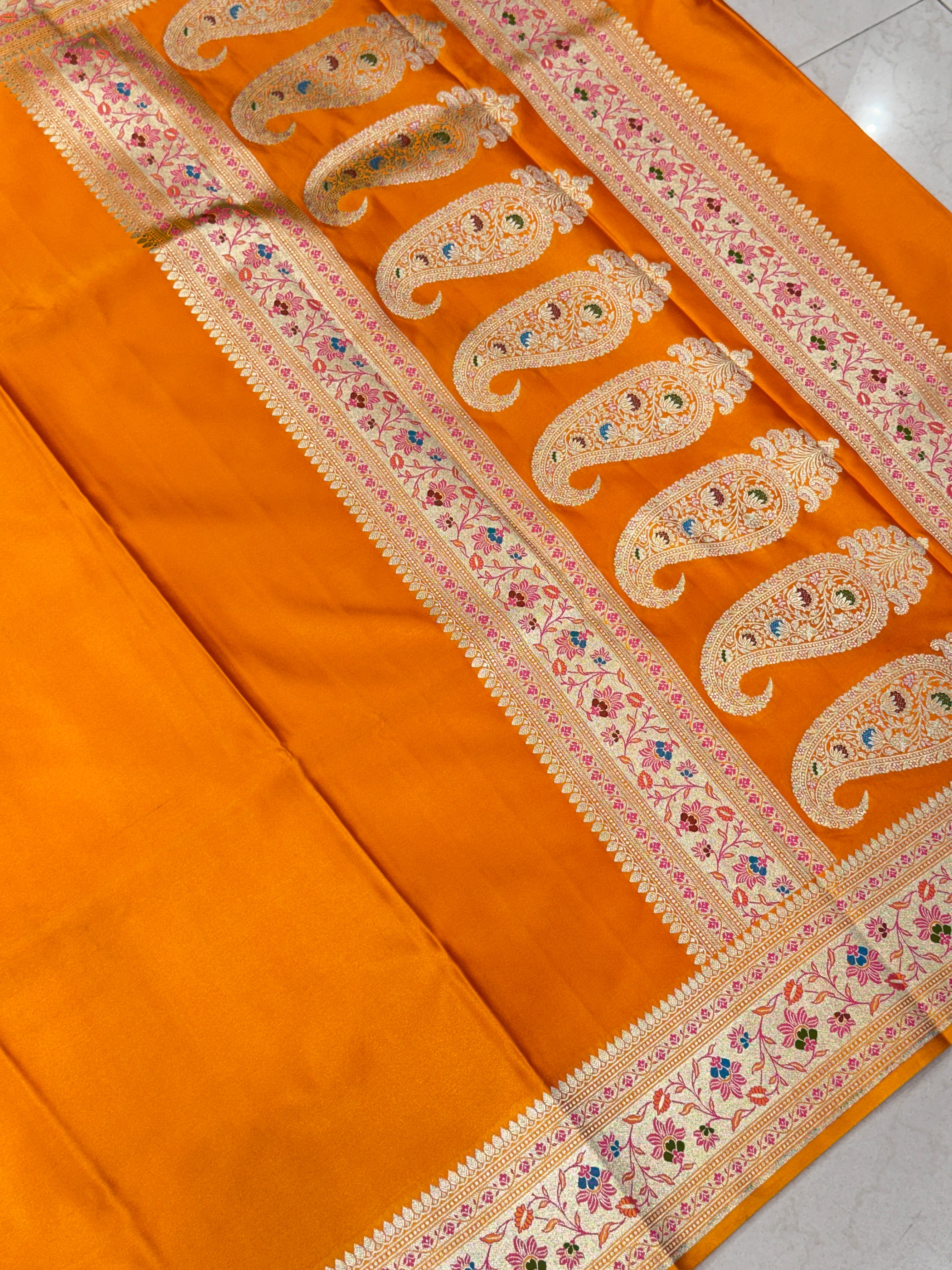 Mango Yellow Banarasi Plain Body Meena Pallu Border Saree