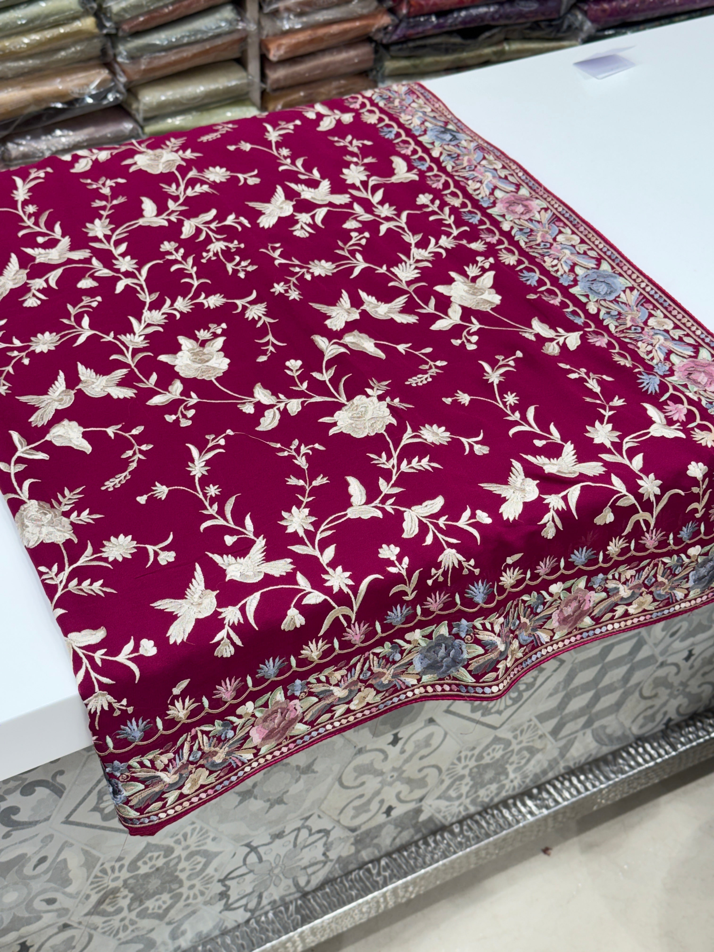 Cross Wine Persian Jaal Loving Birds Parsi Gara Saree