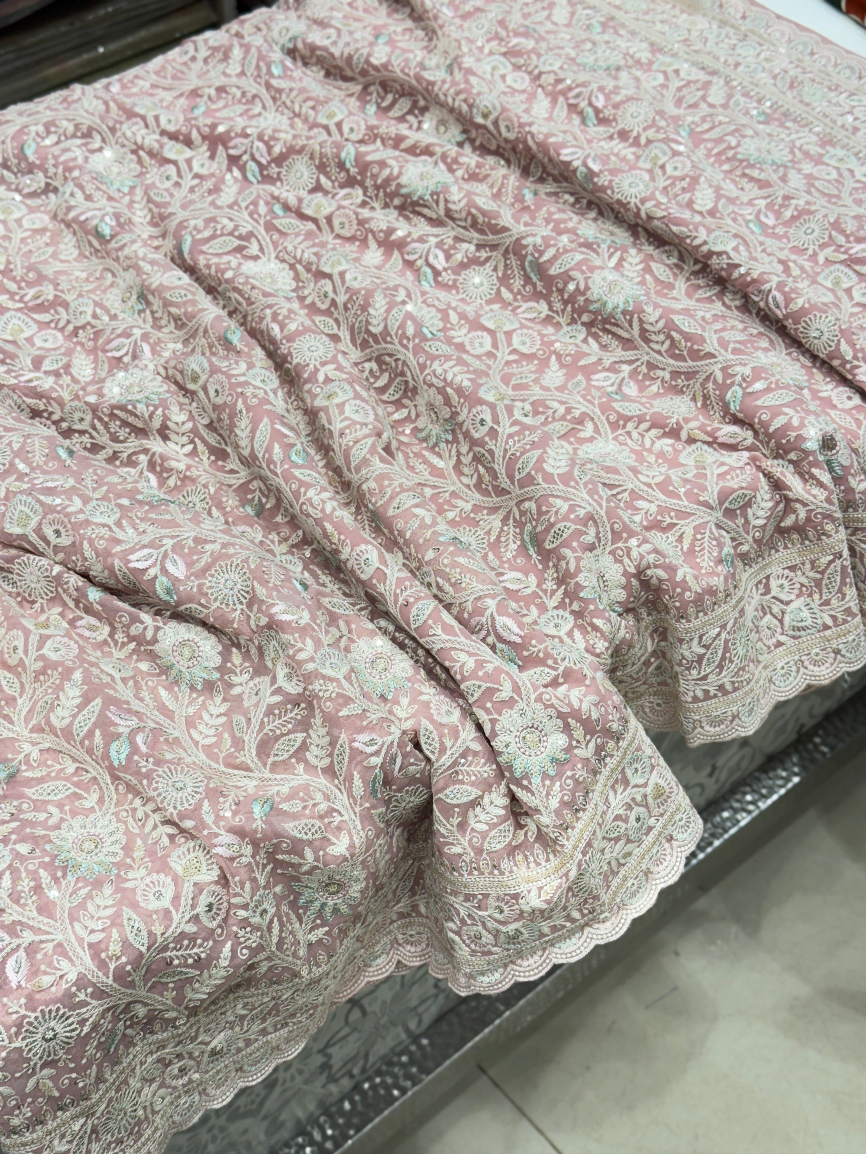Pink Meenakari Chikankari Scallop Design Saree
