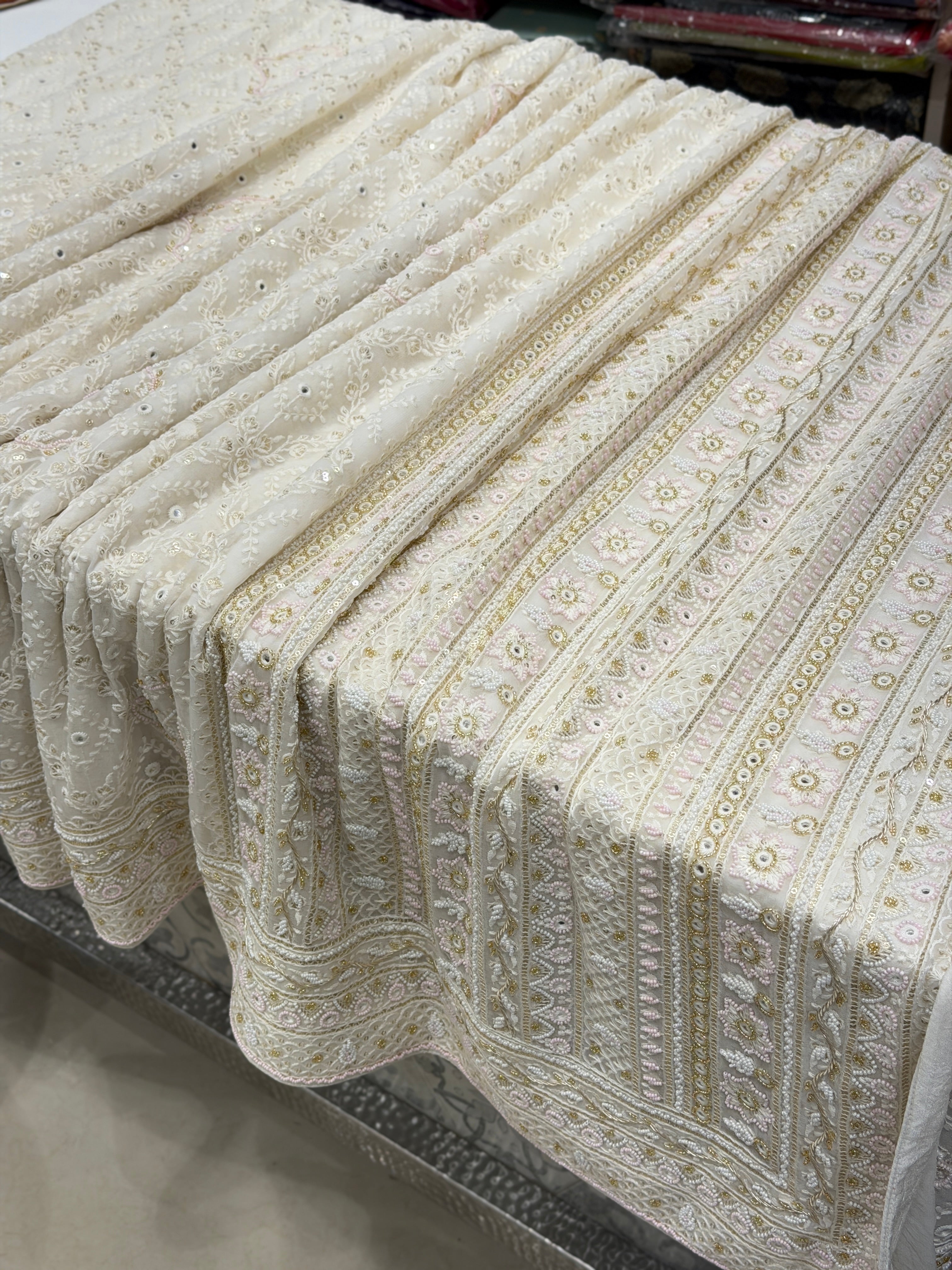 Moti White Chikankari Kidiya Moti Zardosi Hand Embroidery Saree