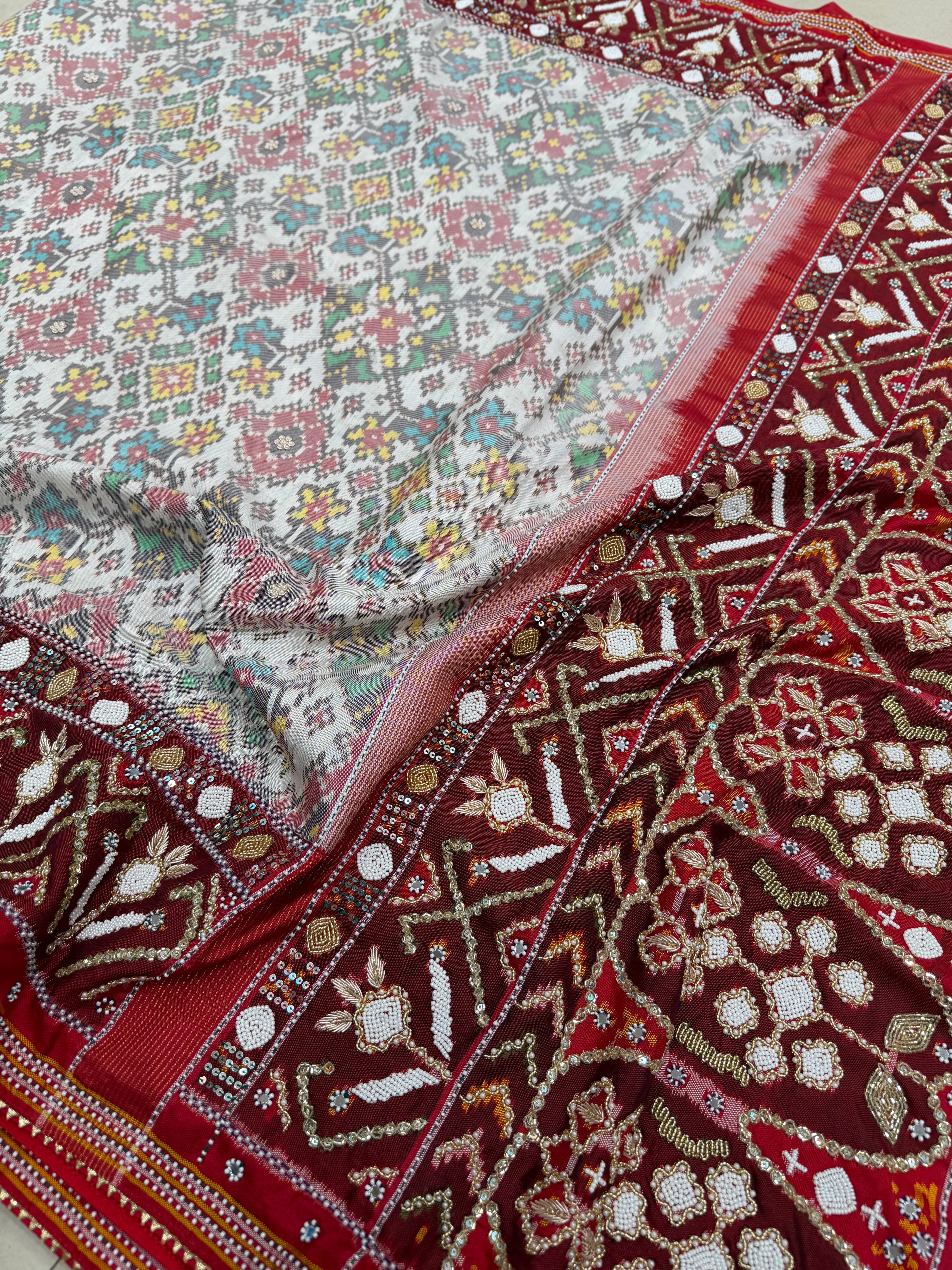 White Red Heavy Blouse Patan Patola Hand Embroidery Kidiya Moti Zardosi Saree