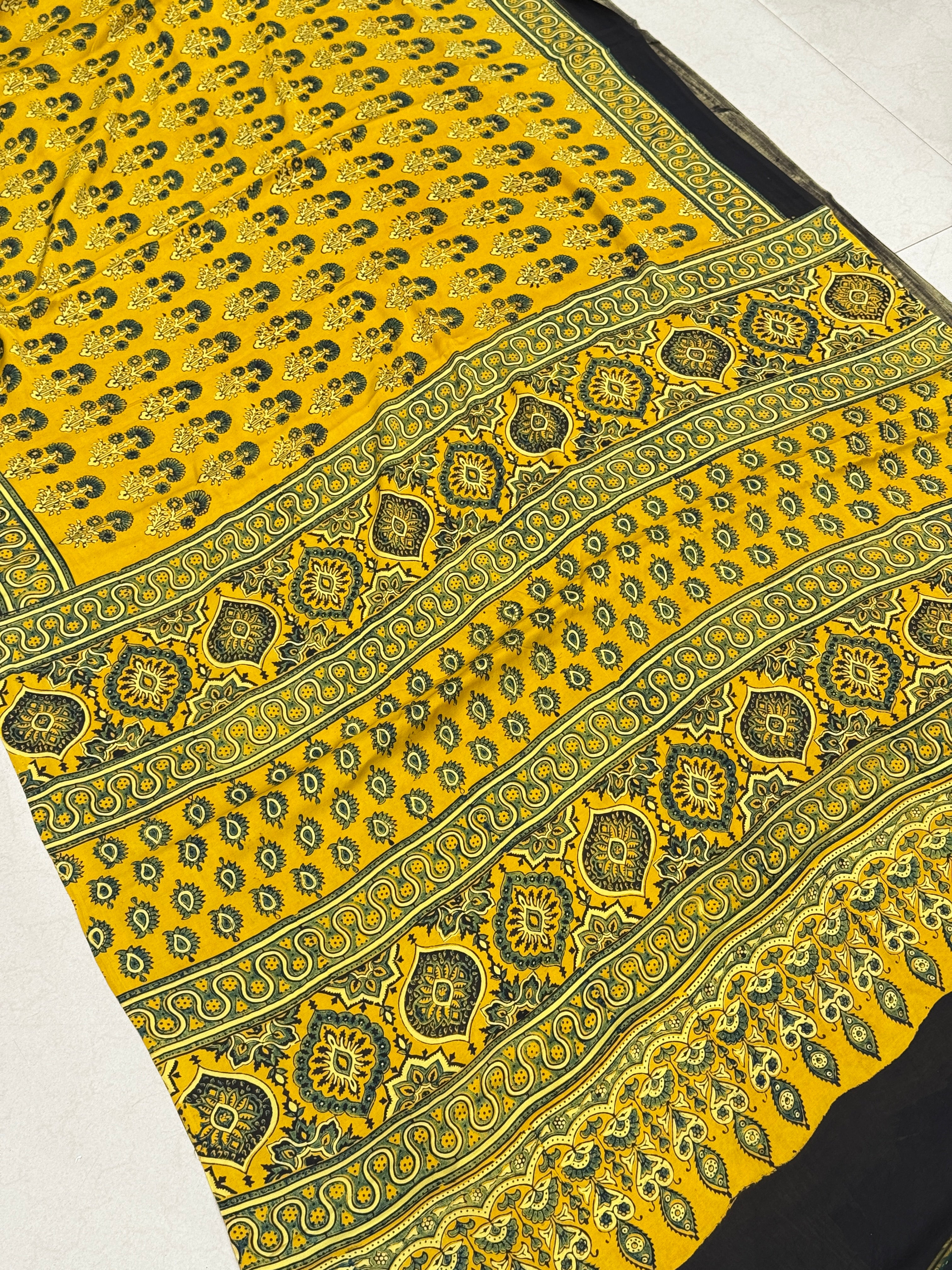 Yellow Floral Buttas Ajrakh Saree Modal Gajji Silk Hand Block Print