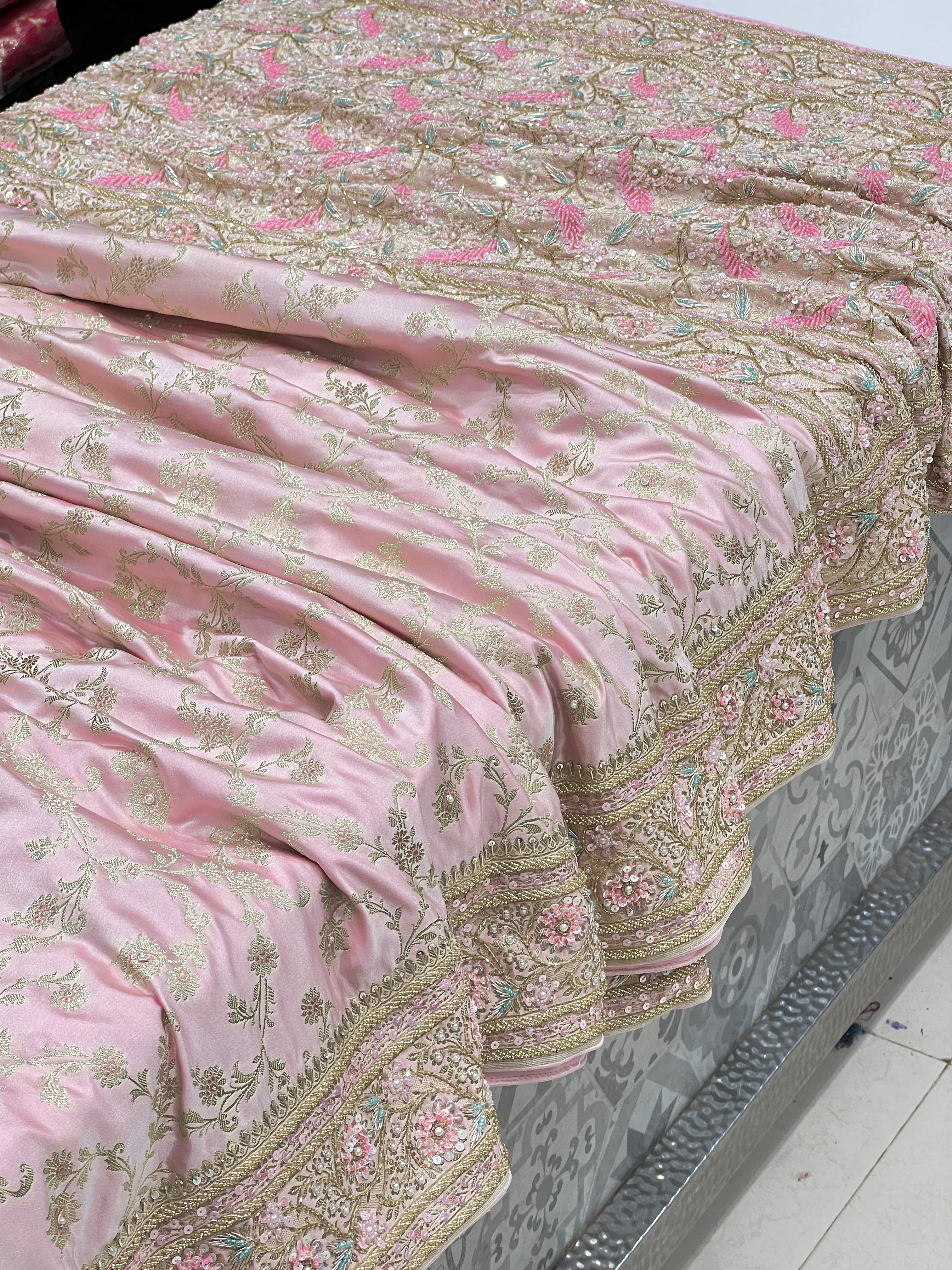 Pink Banarasi Upside Down Border Fancy Hand Embroidery Saree