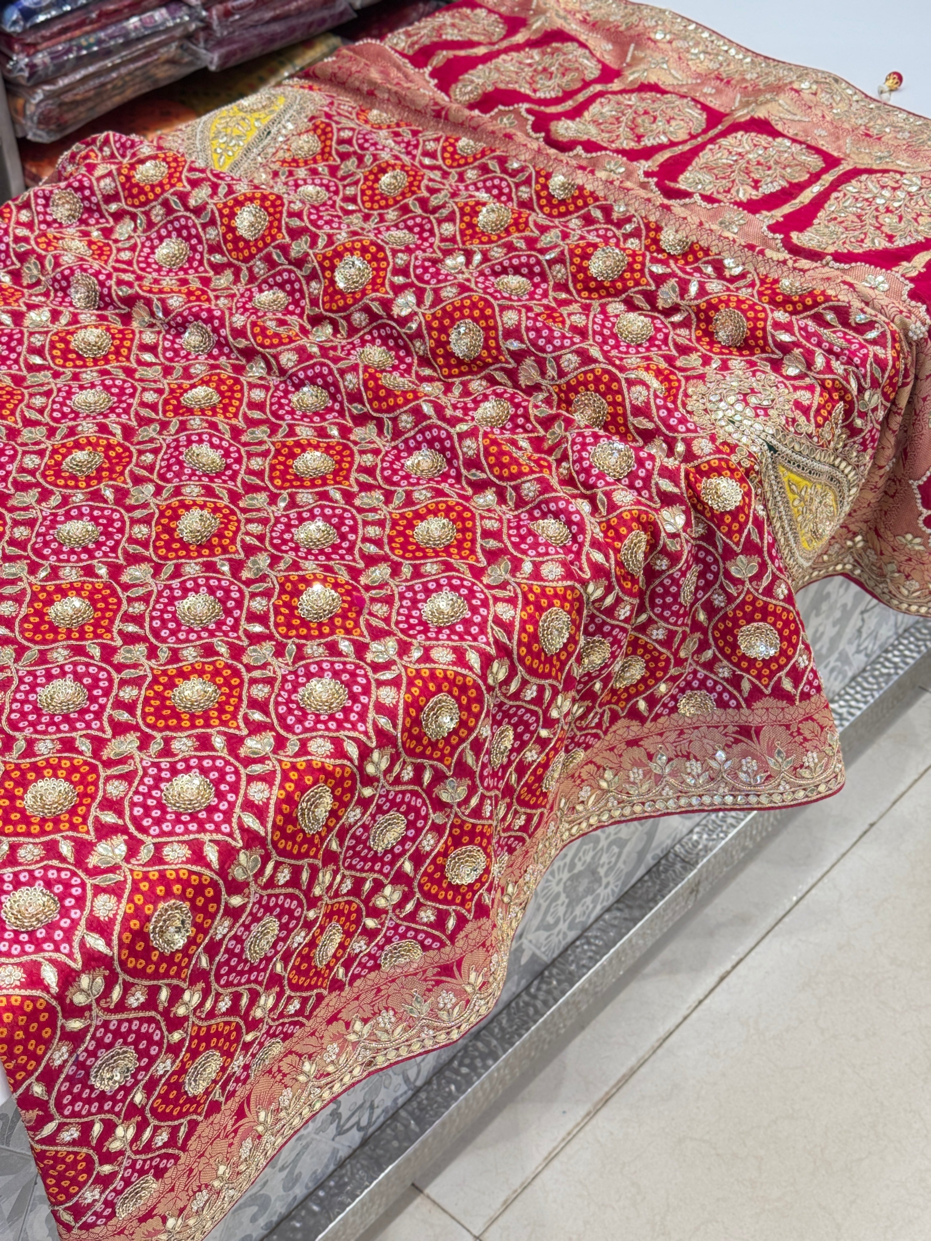 Rani Pink Georgette Woven Bandhej Gotapatti Zardosi Hand Embroidery Saree