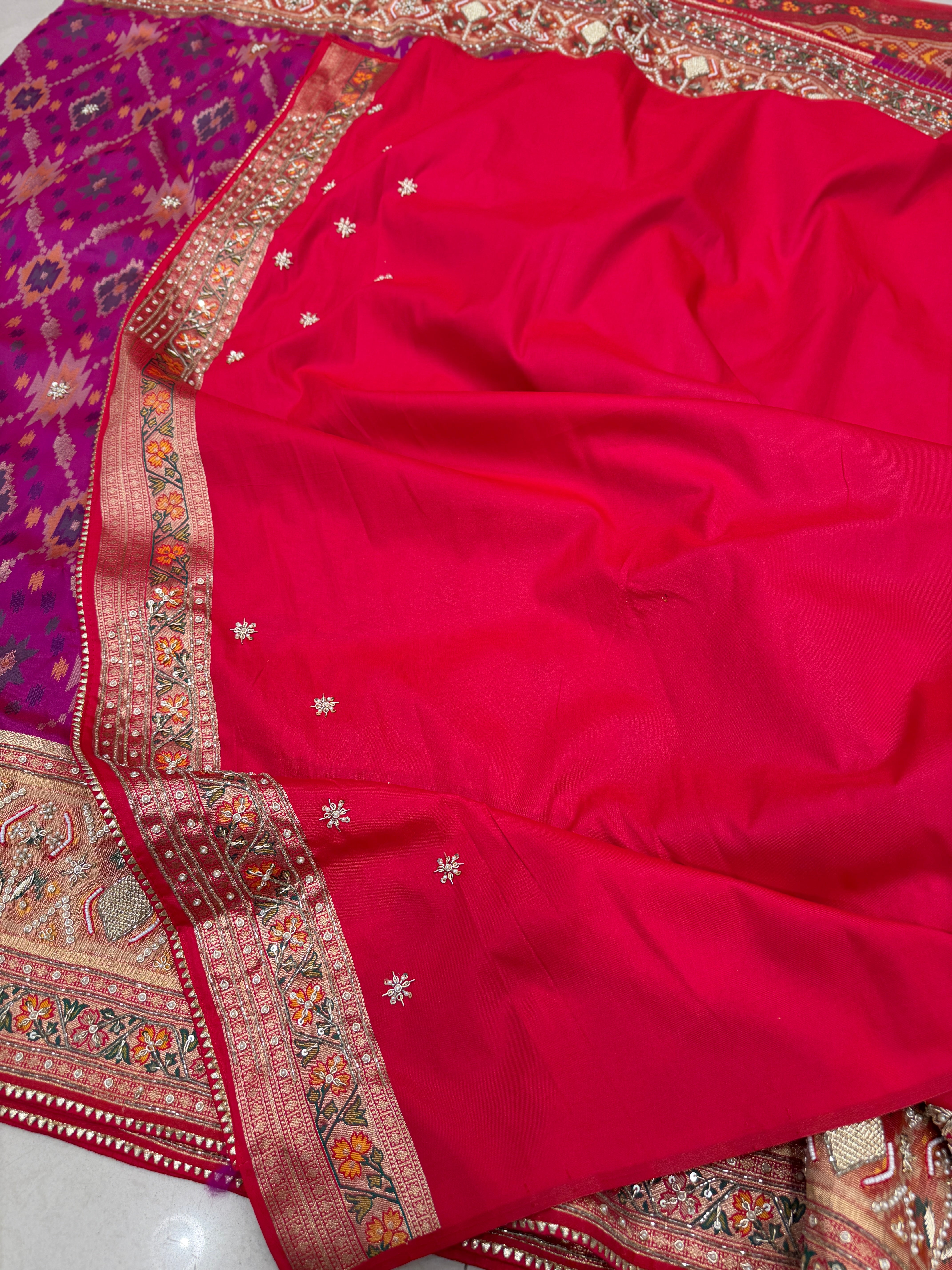 Wine Banarasi Ikat Patola Zardosi Hand Embroidery Saree