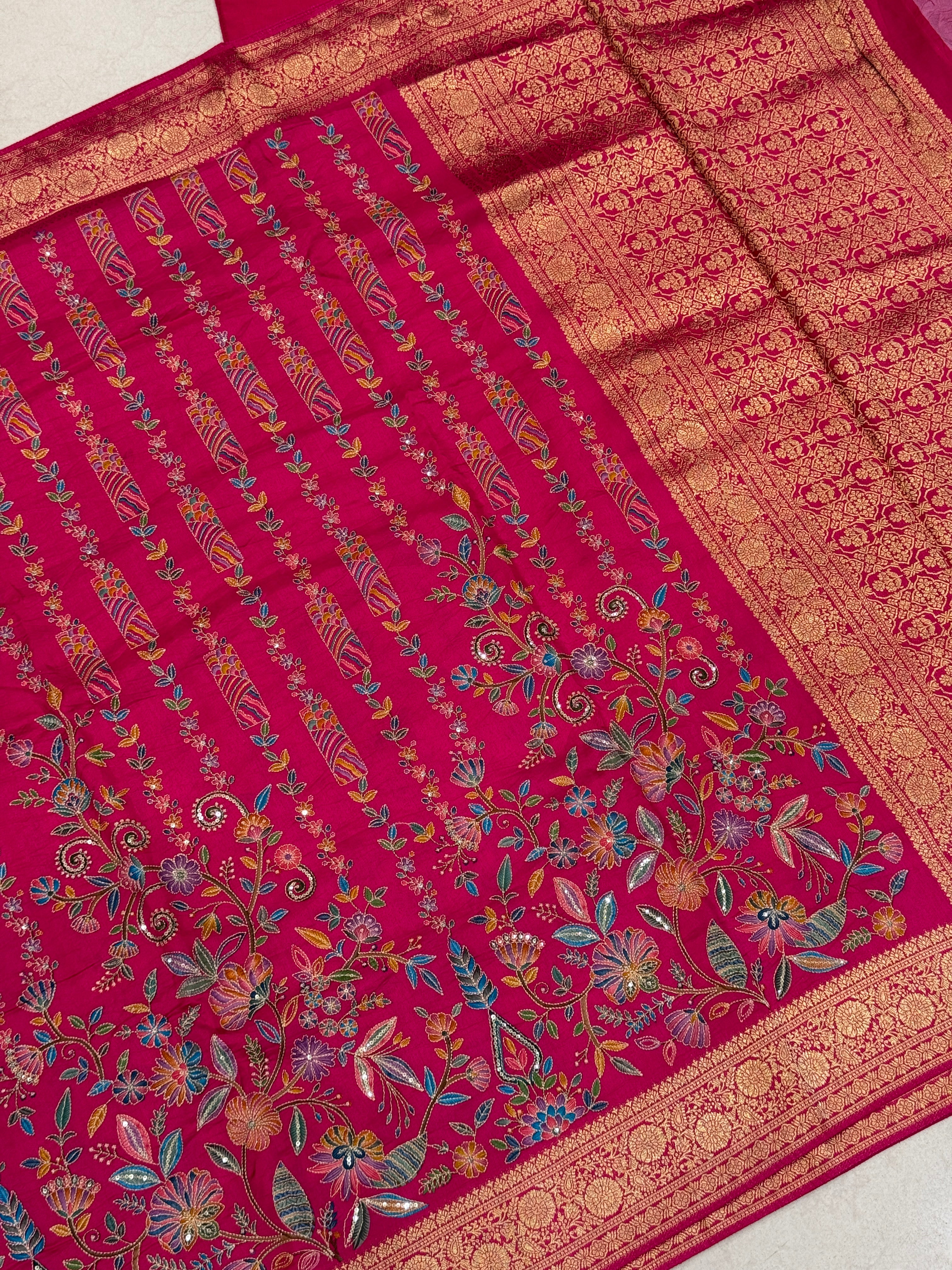 Rani Banarasi Munga With Pita Embroidery