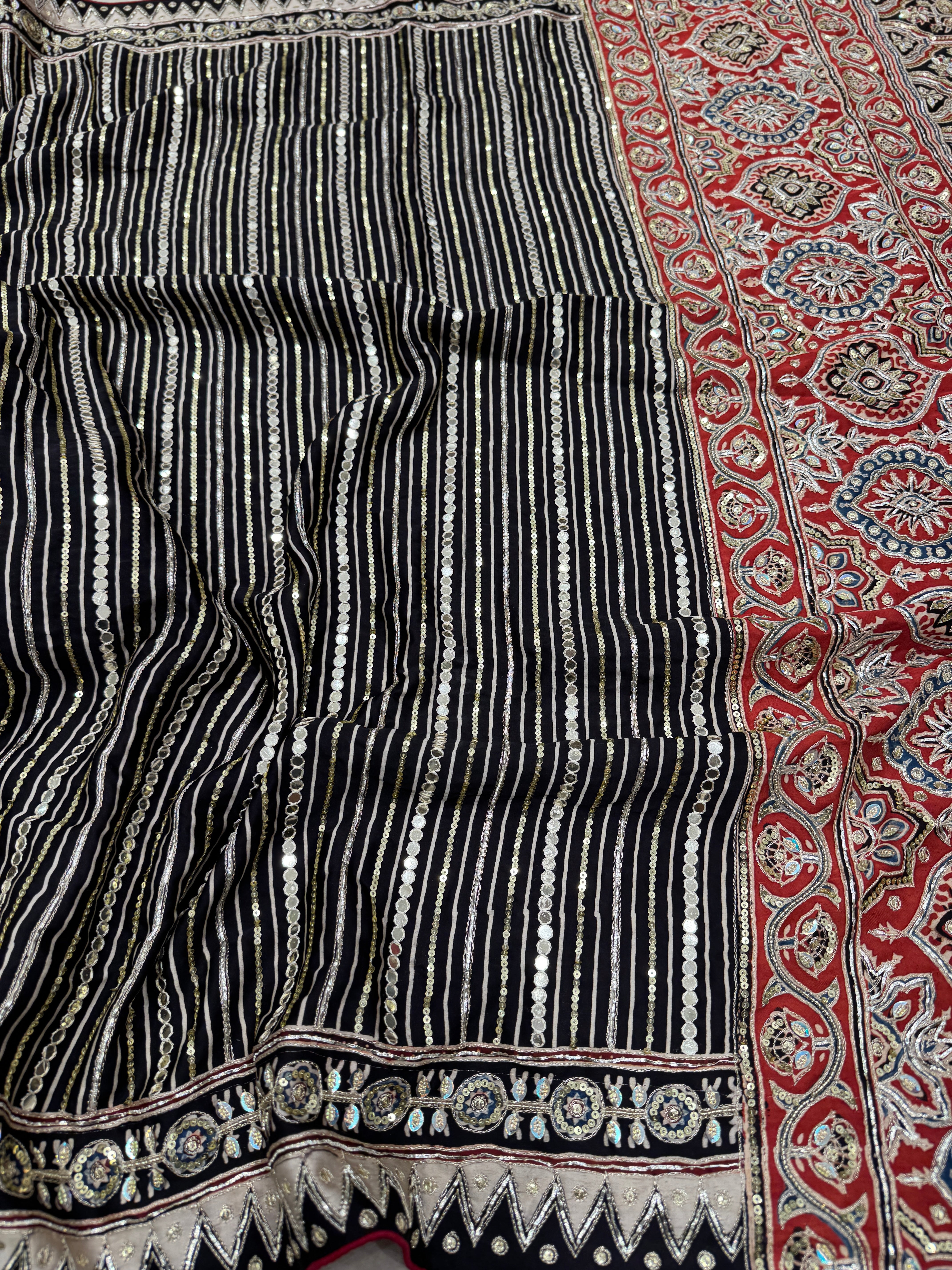 Black Red Contemporary Mirror Ajrakh Hand Embroidery Saree