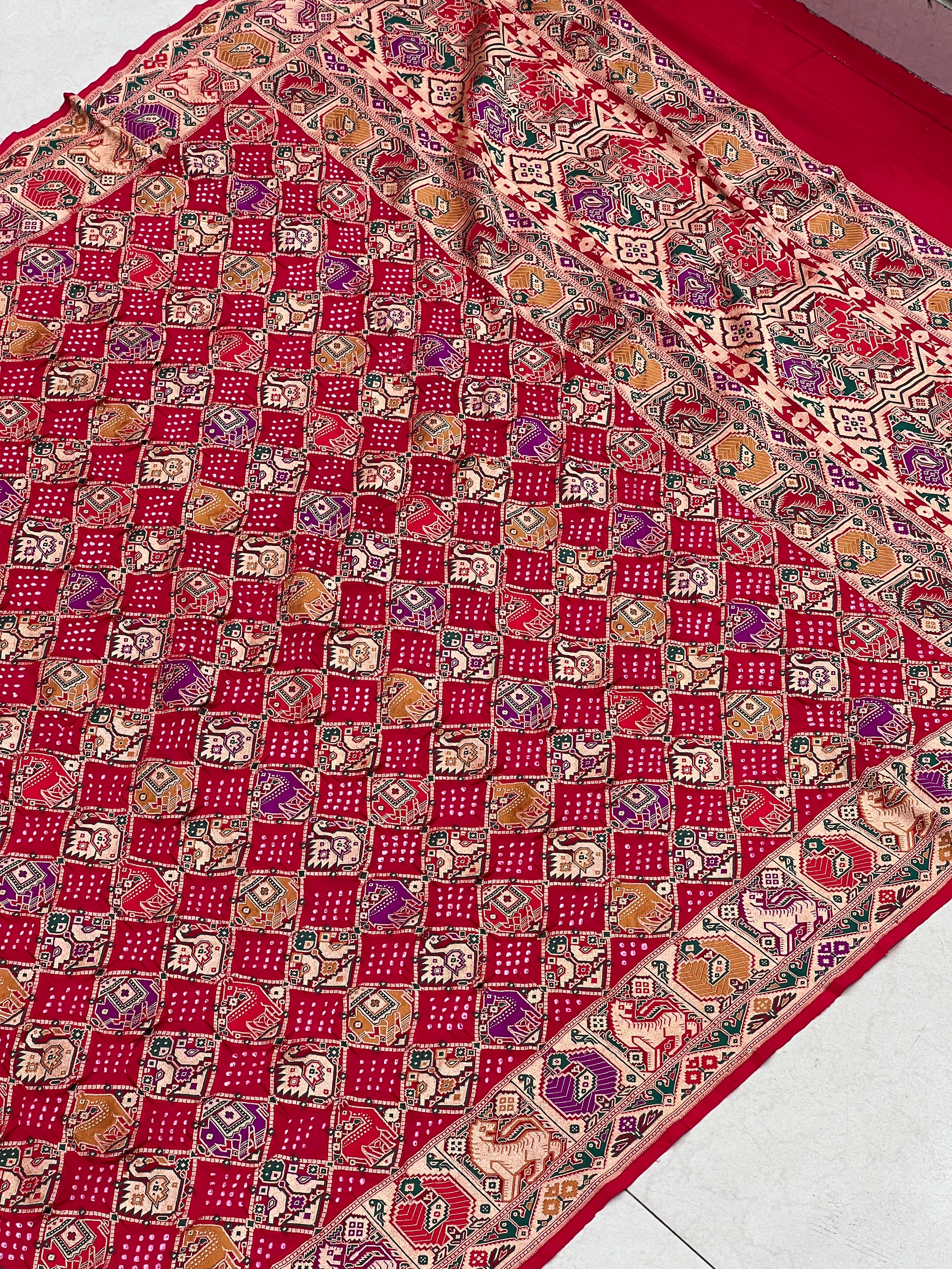 Red Meenakari Patola Weave Jaal Rai Bandhej Georgette Dupatta