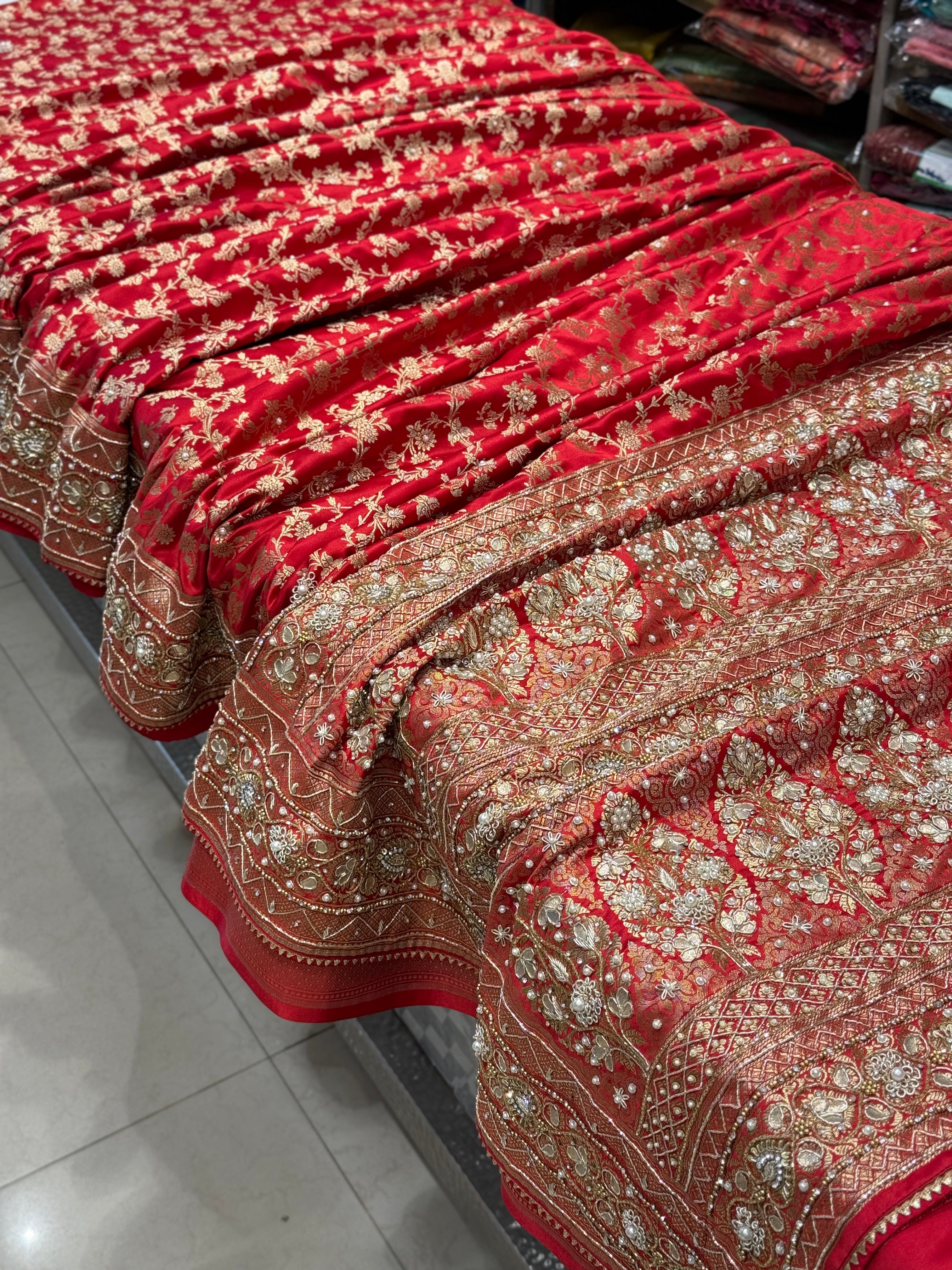 Red Banarasi Heart Border Hand Embroidery Saree