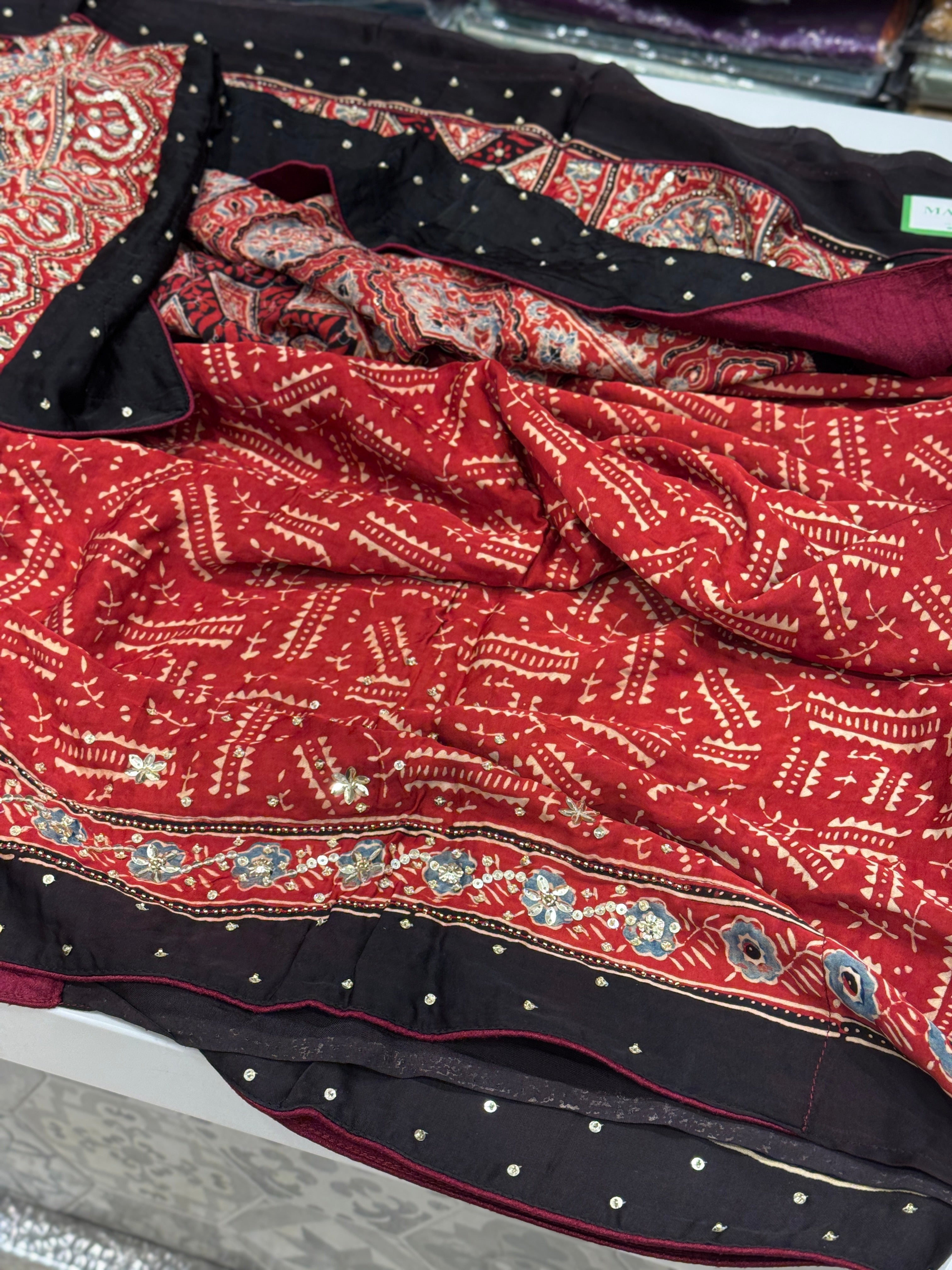 Black Red Pallu Ajrakh Badam Buttas Pita Sequin Moti Hand Embroidery Saree